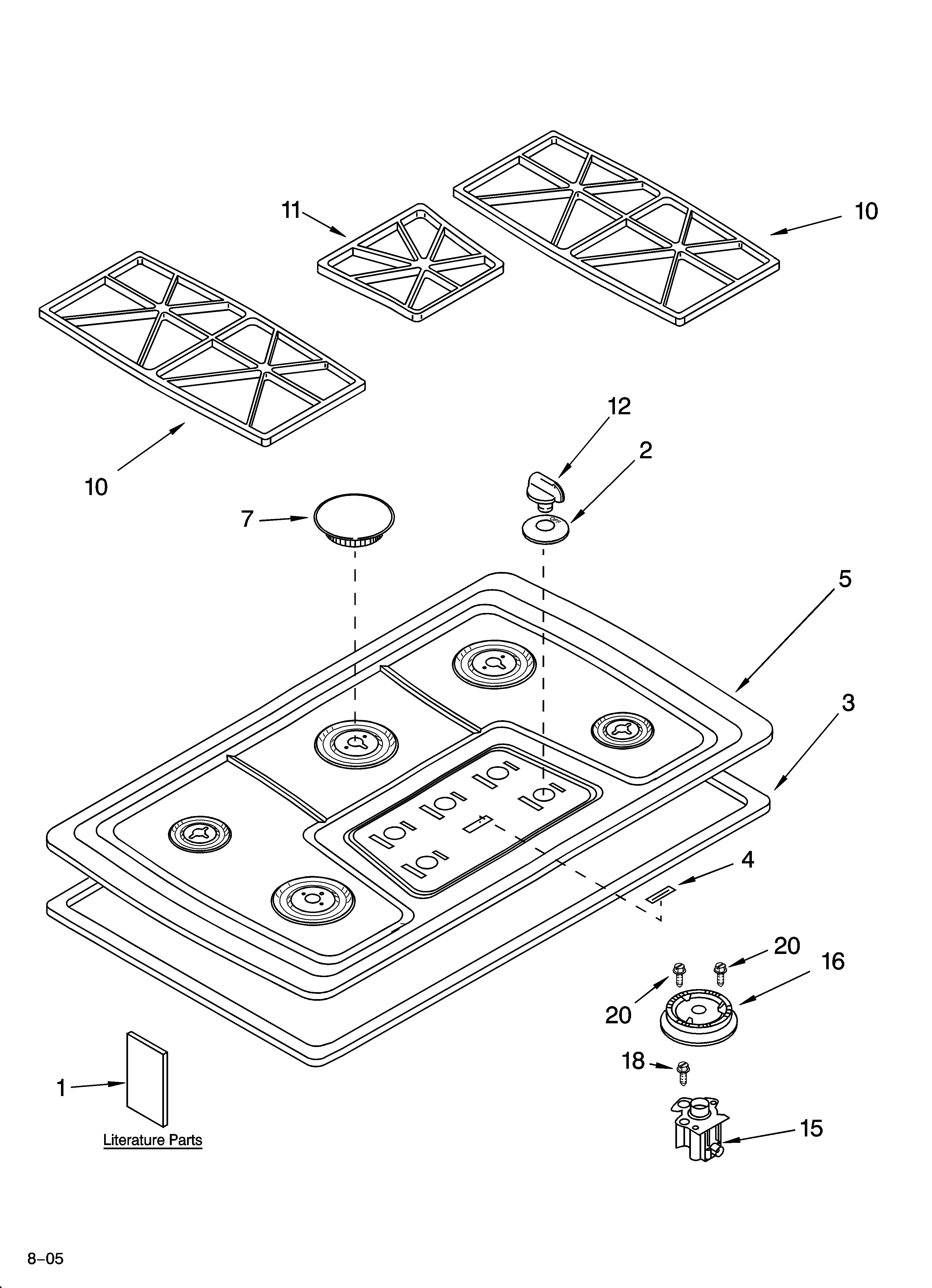 Cooktop, burner and grate parts
