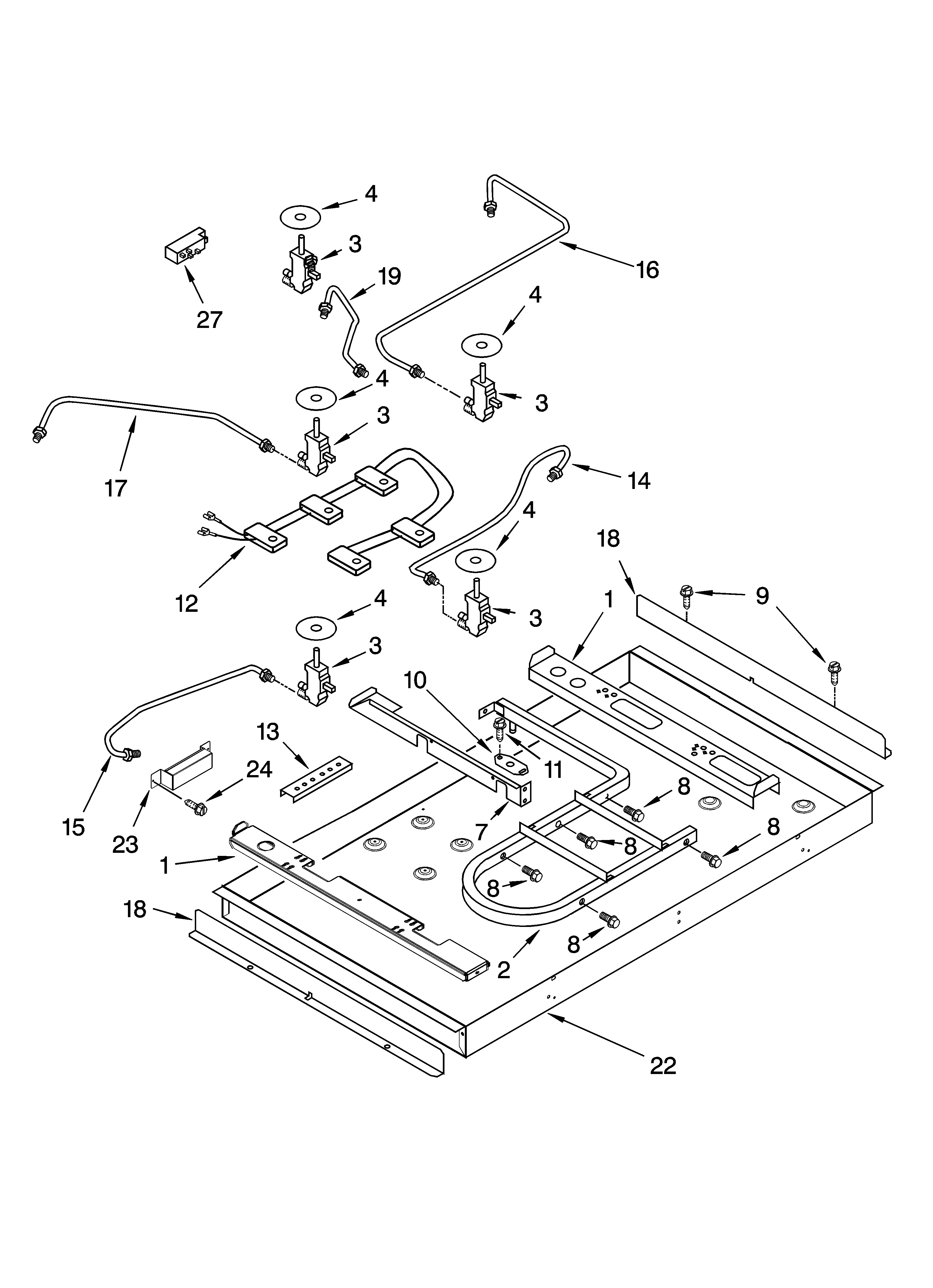 Burner box, gas valves, and switches, parts not illust