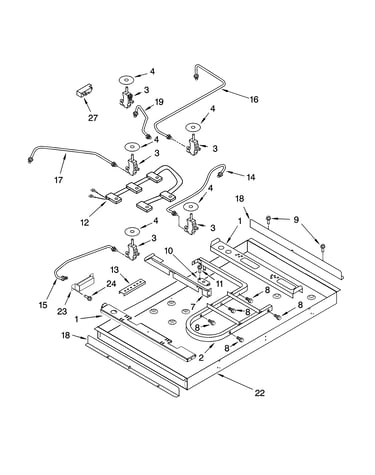 Burner box, gas valves, and switches, parts not illust
