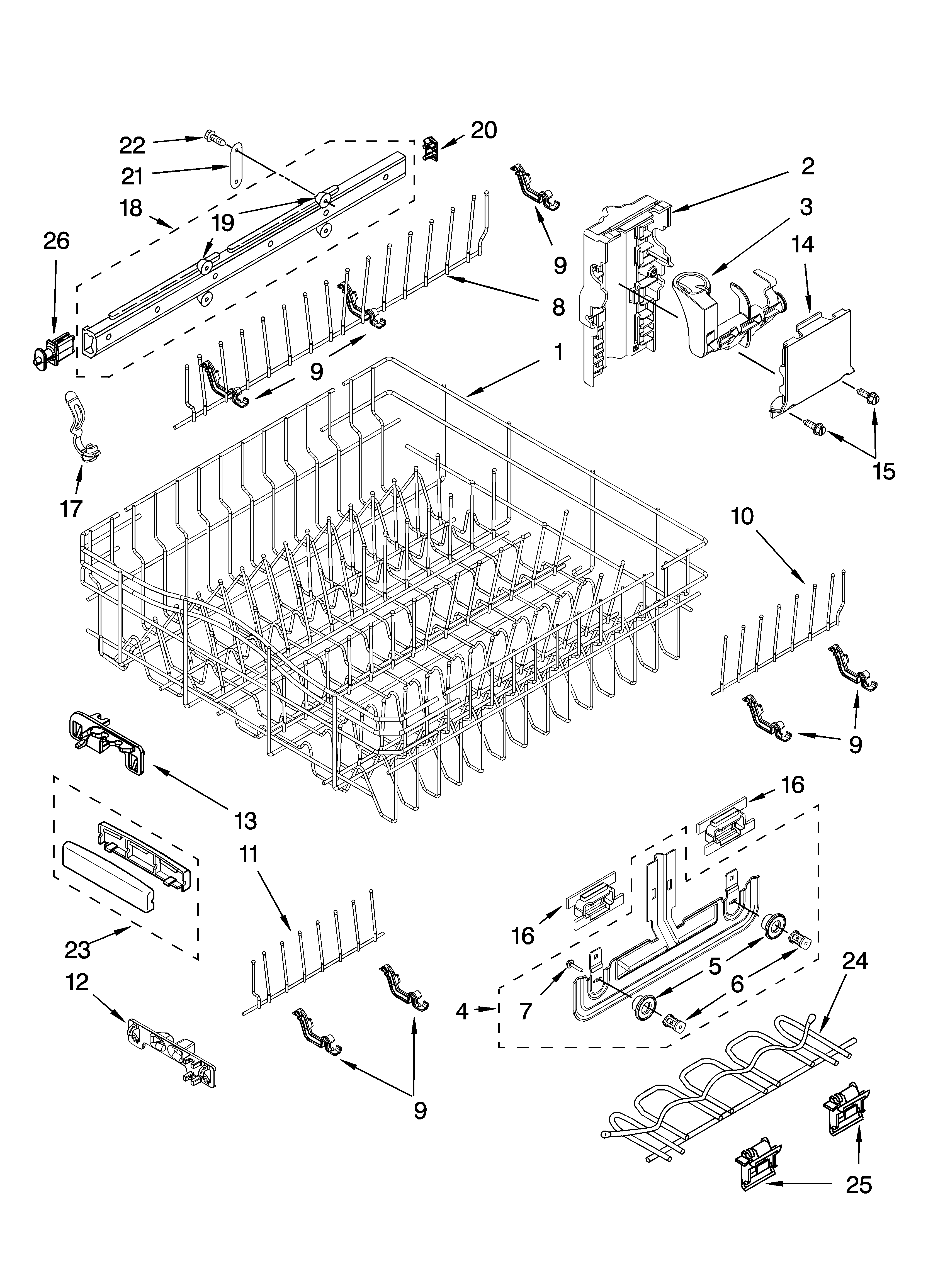 Upper rack and track parts