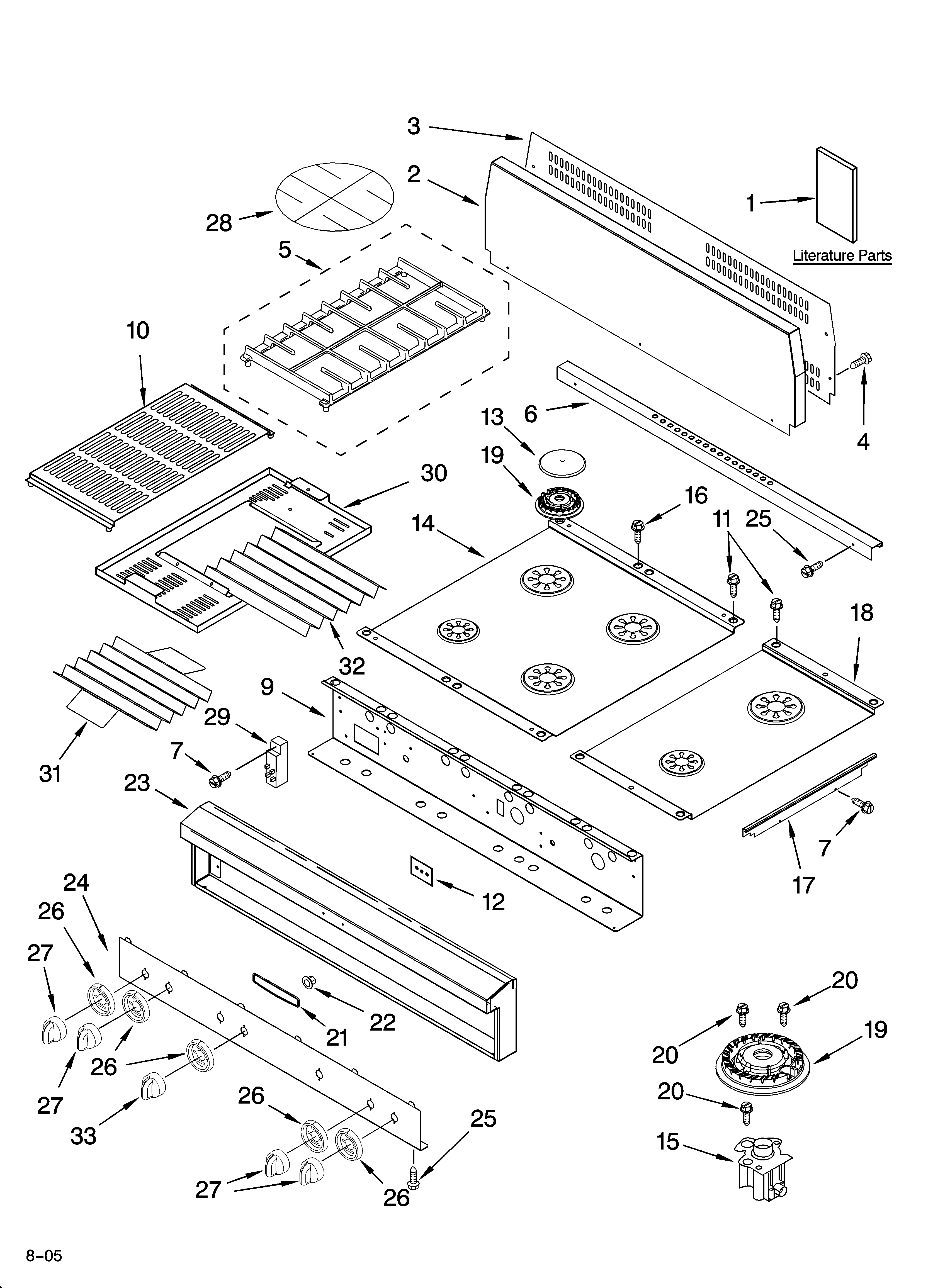 Cooktop, burner and grate parts