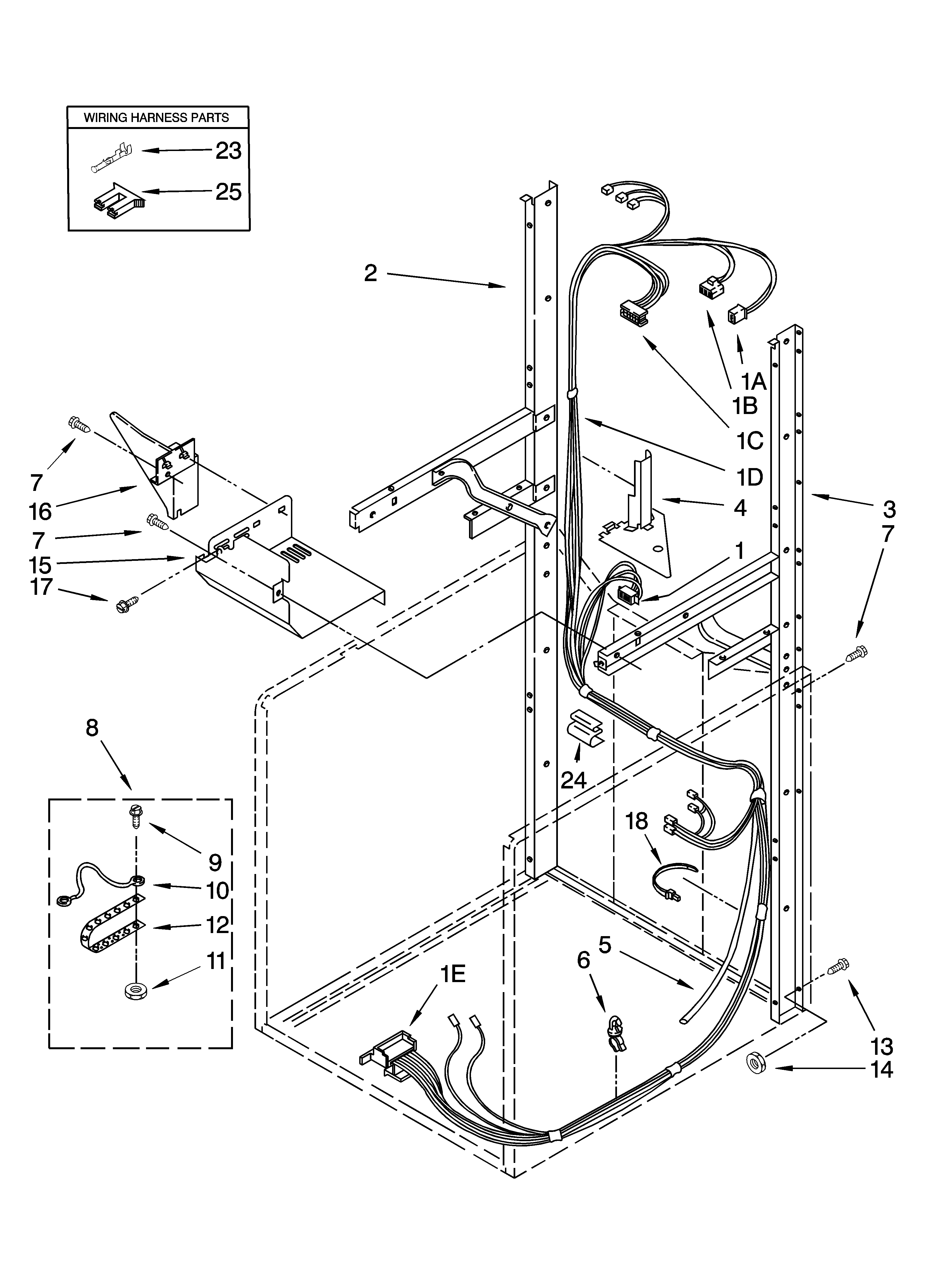 Dryer support and washer harness parts
