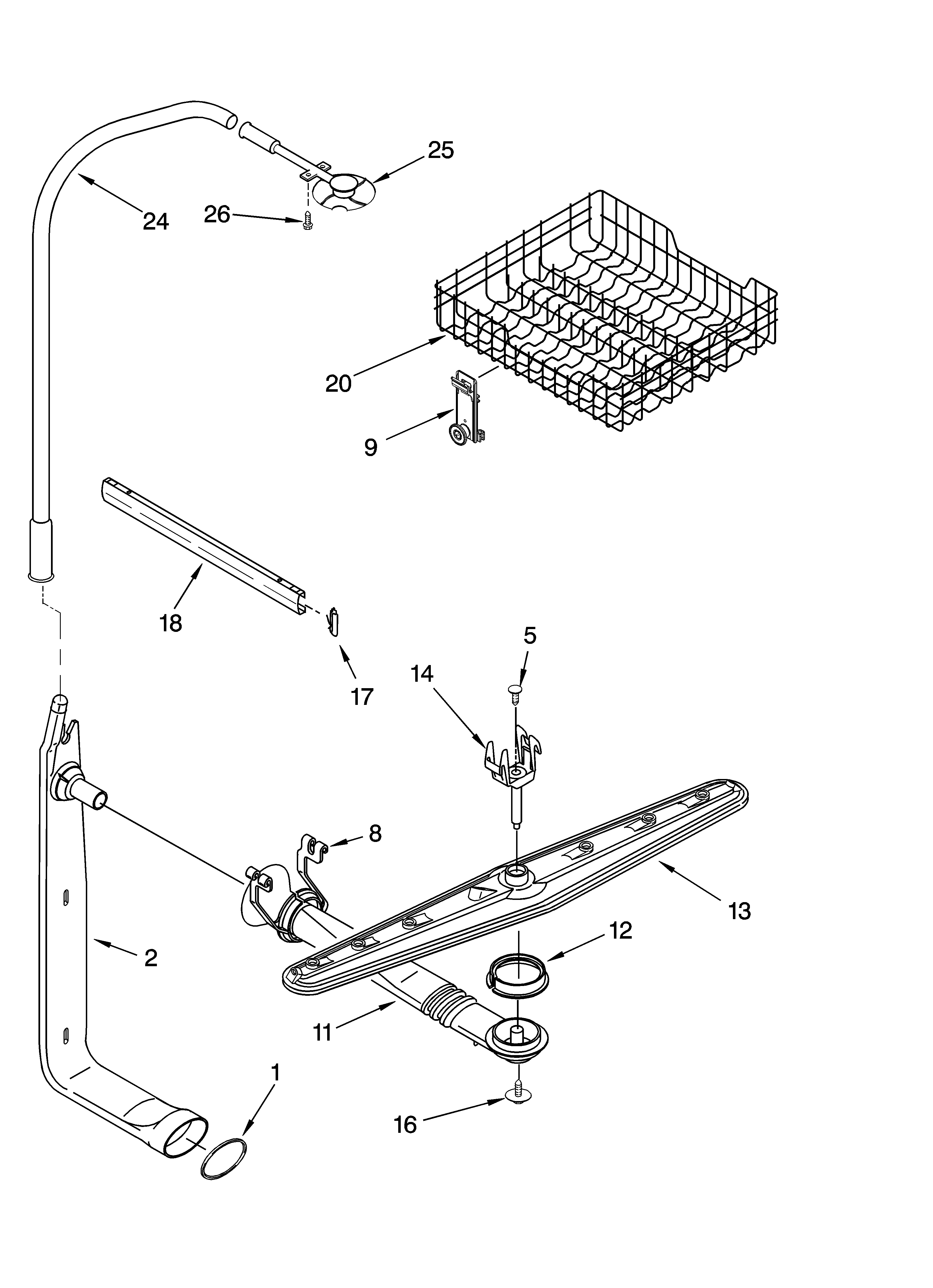 Upper dishrack and water feed parts