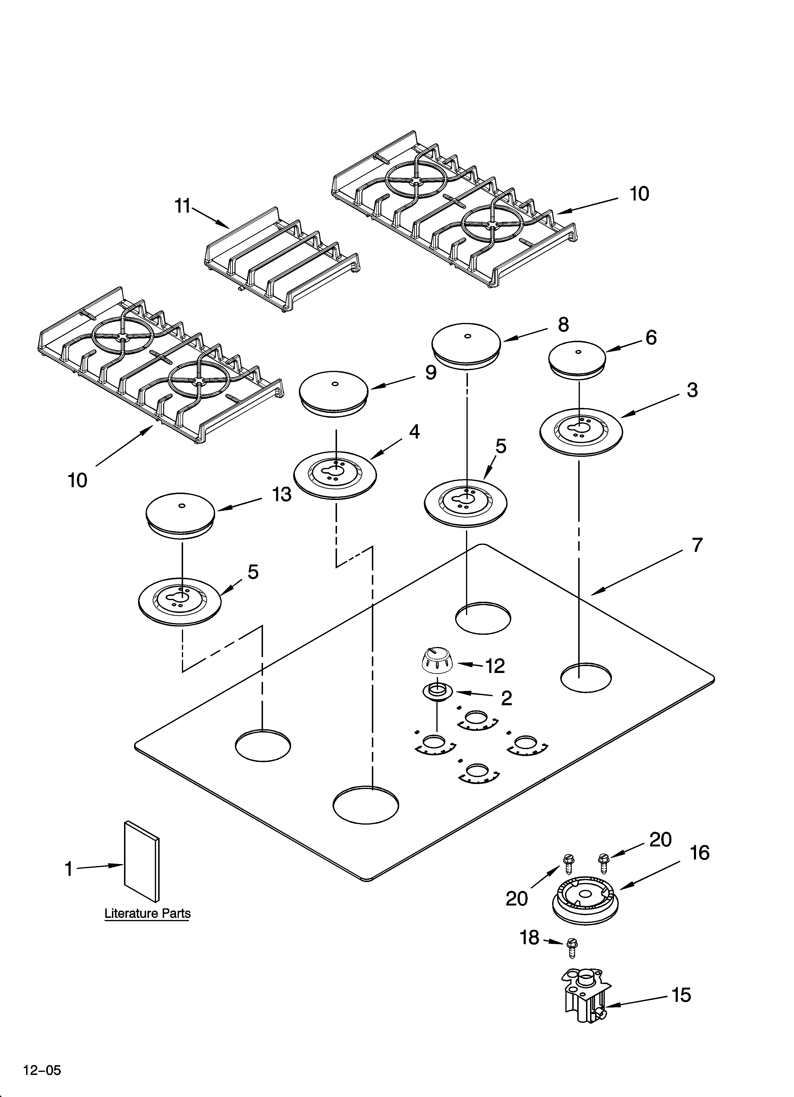 Cooktop, burner and grate parts