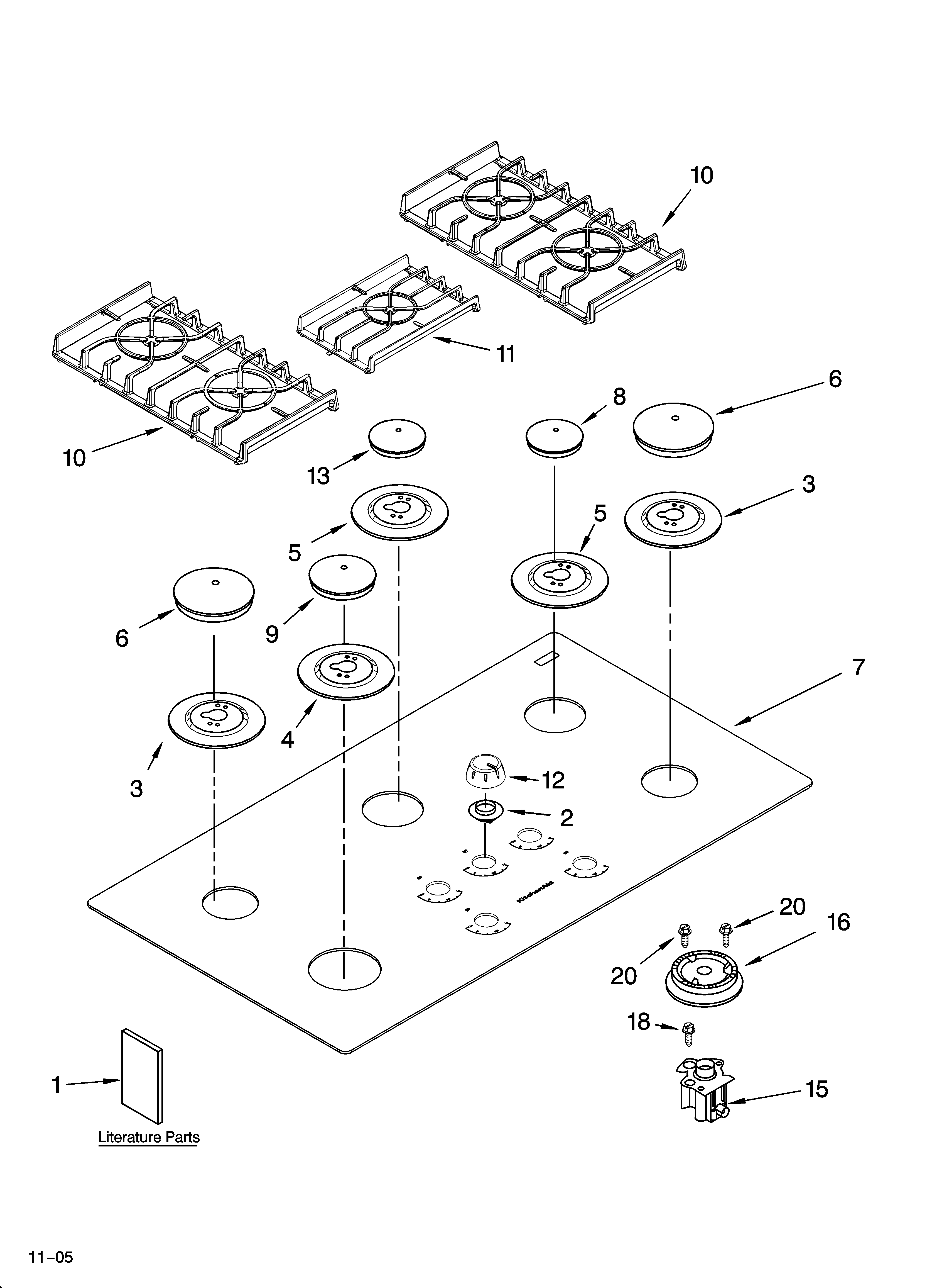 Cooktop, burner and grate parts