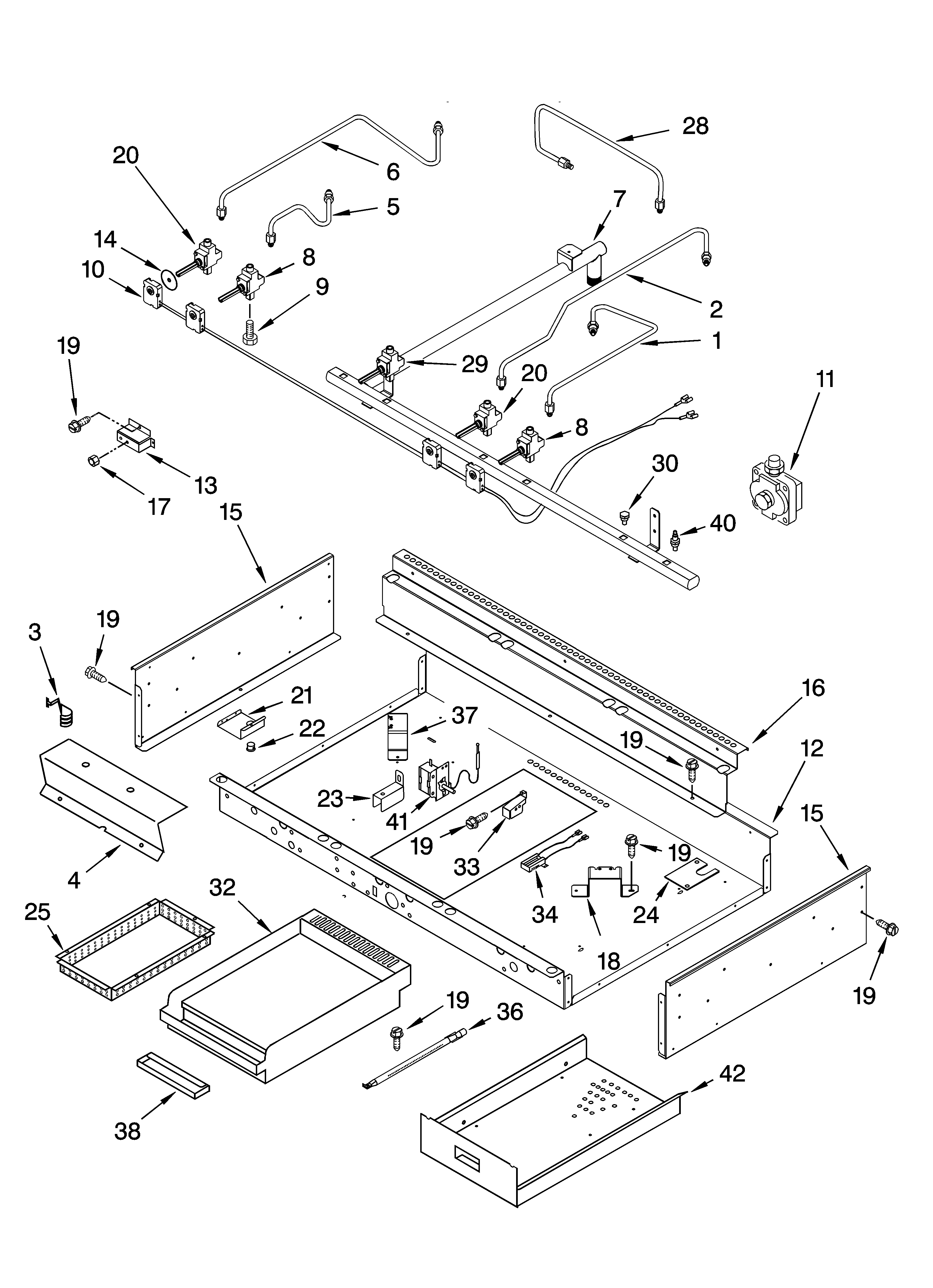 Burner box, gas valves, and switches, optional parts