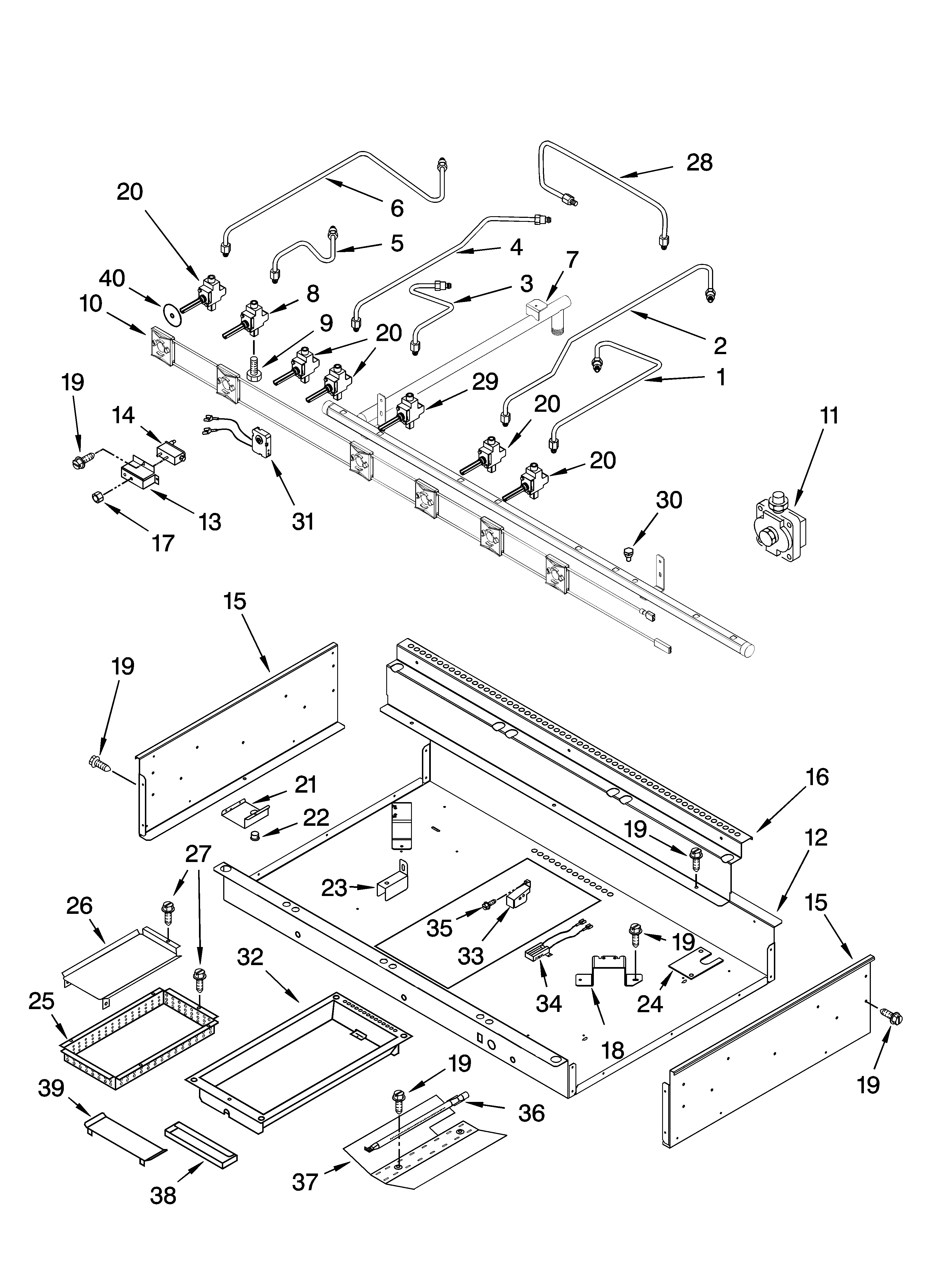 Burner box, gas valves, and switches, optional parts