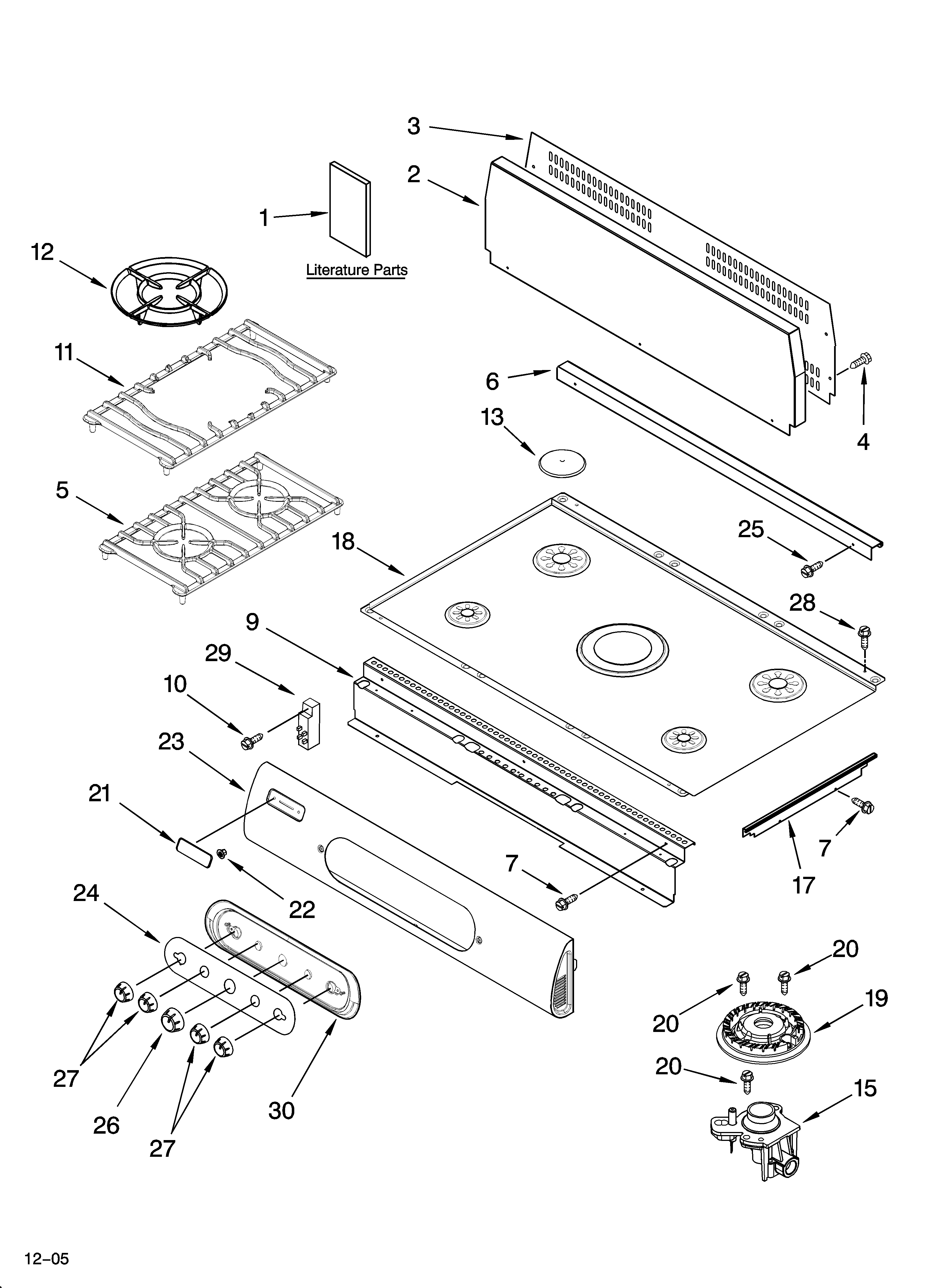 Cooktop, burner and grate parts