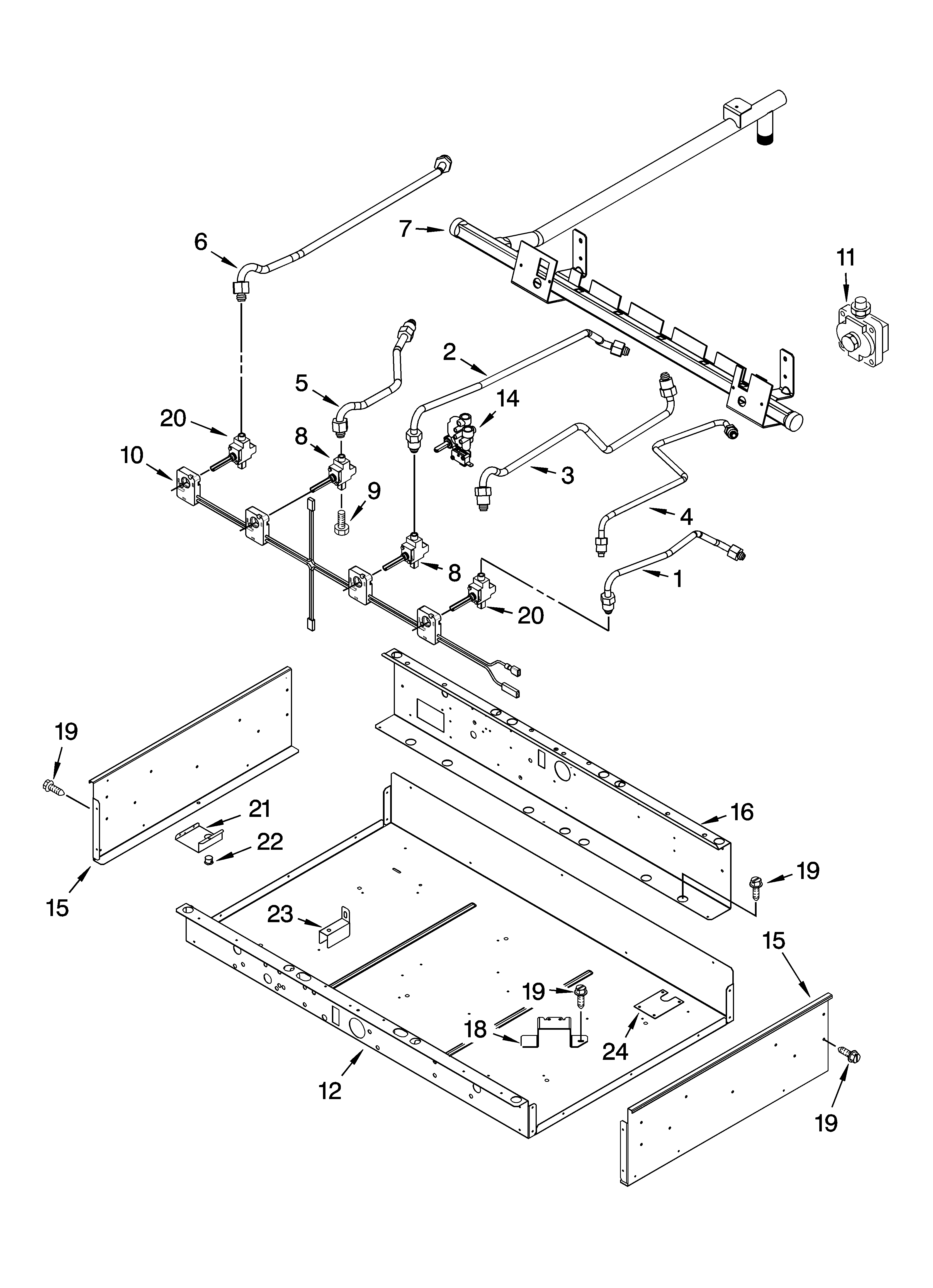Burner box, gas valves, and switches