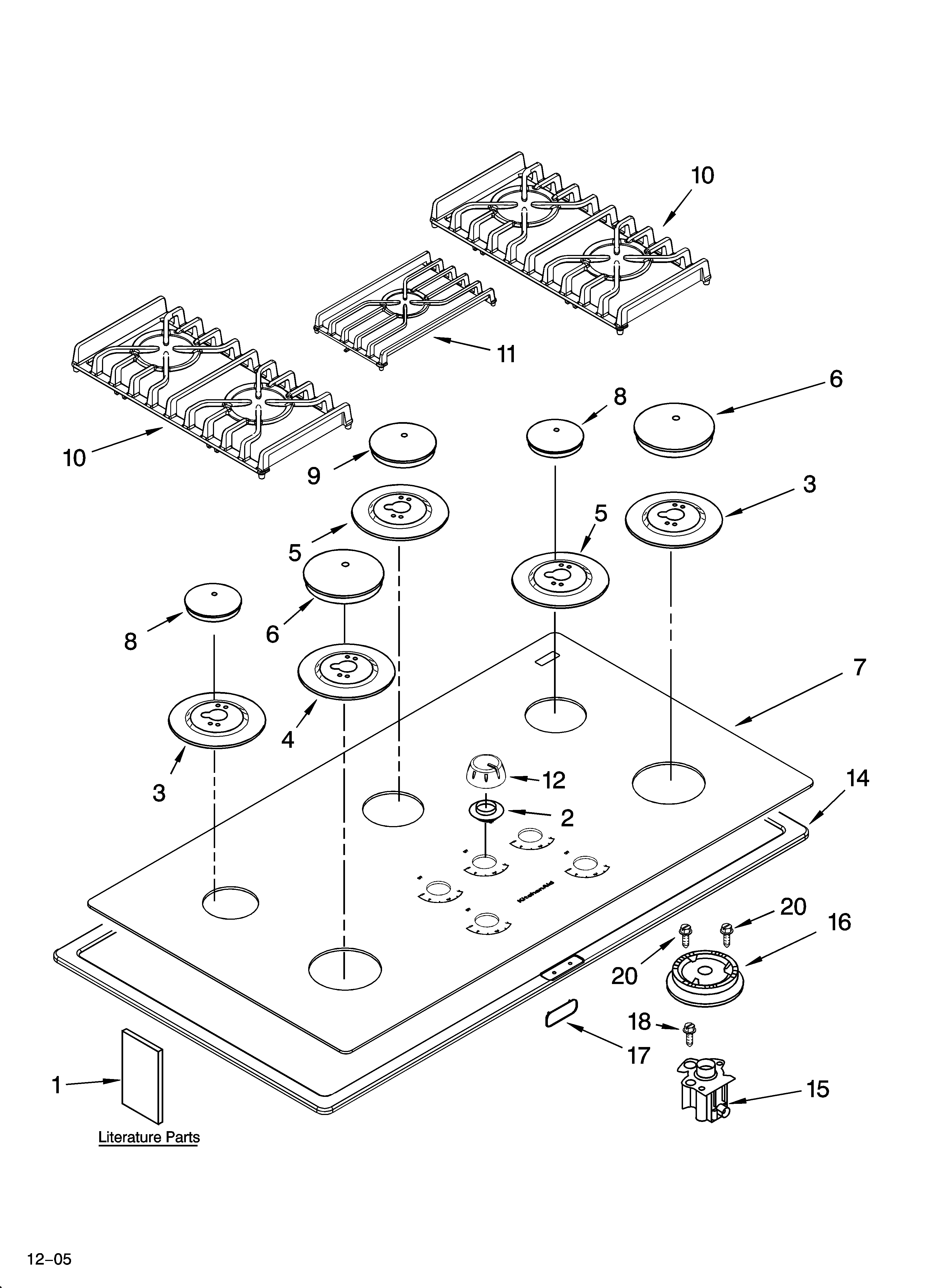 Cooktop, burner and grate parts