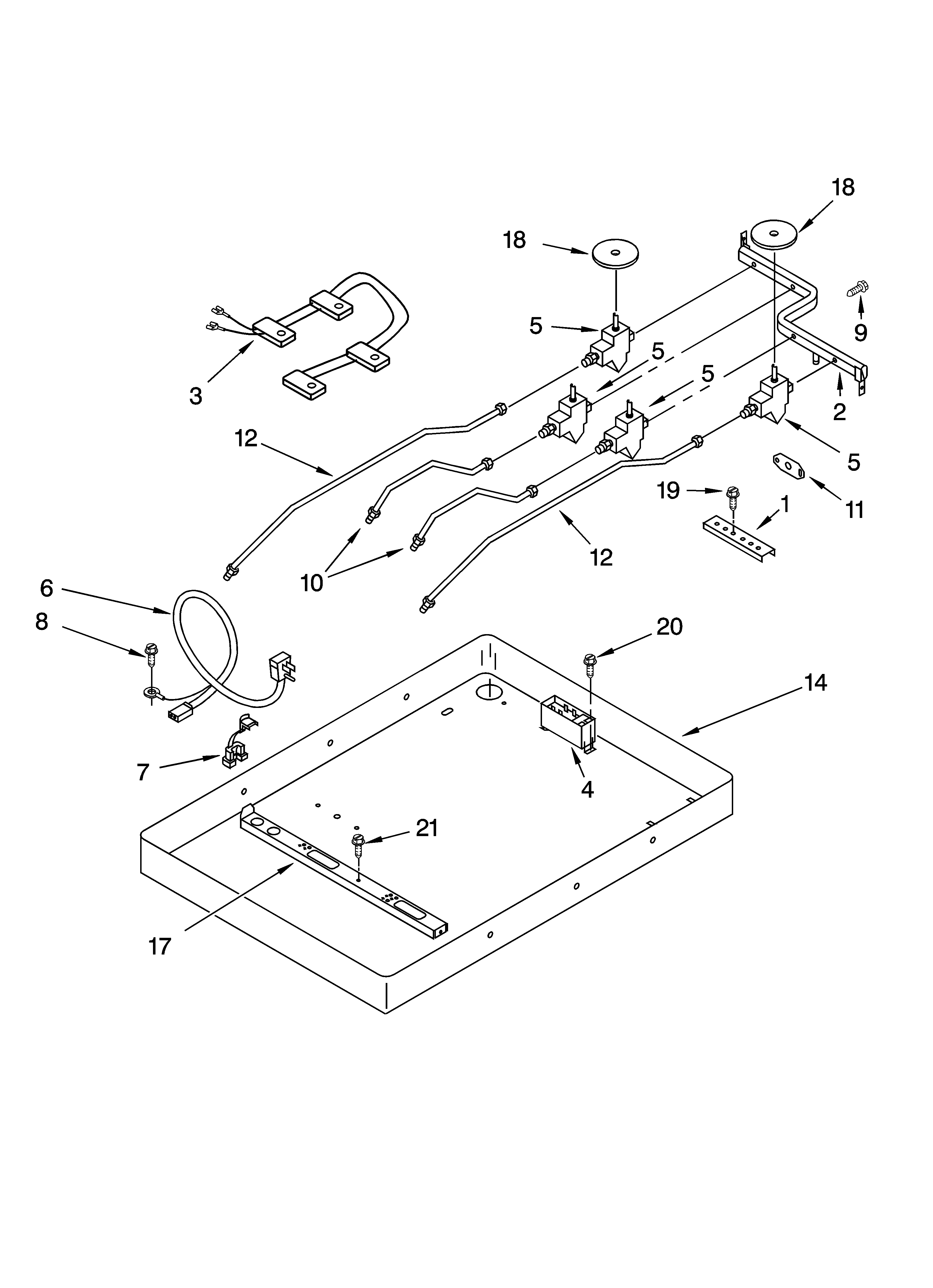 Burner box, gas valves, and switches