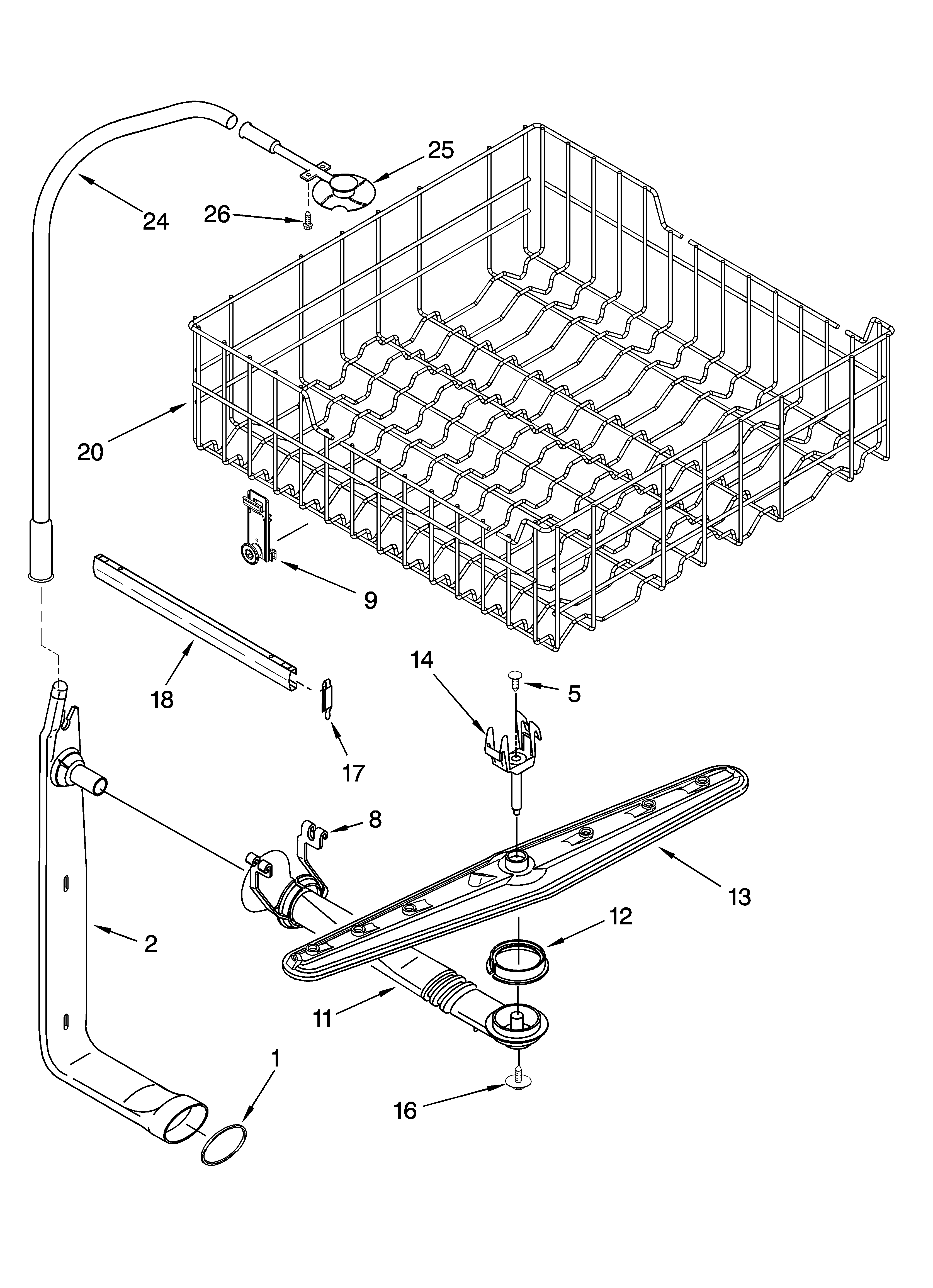 Upper dishrack and water feed parts