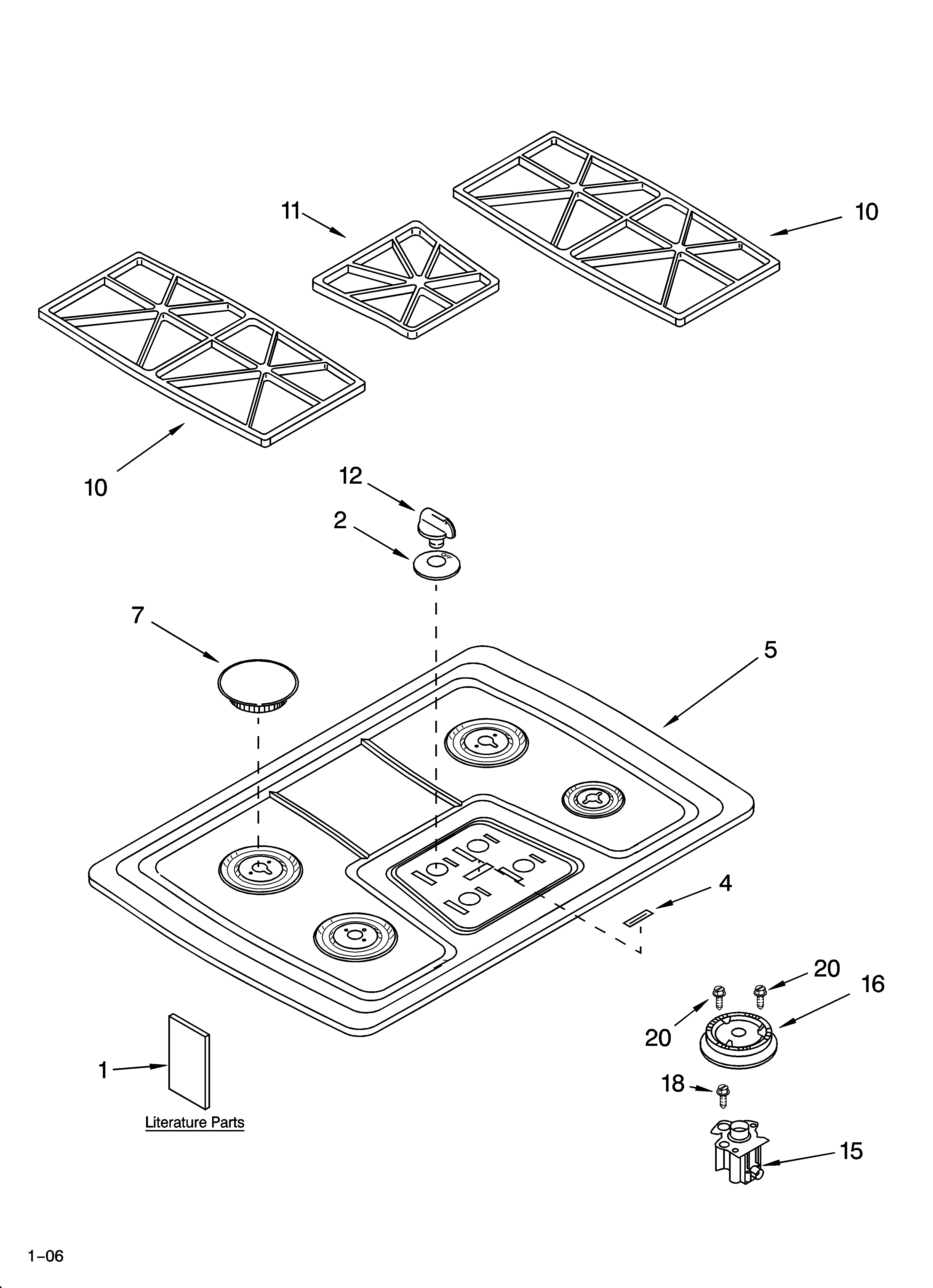 Cooktop, burner and grate parts