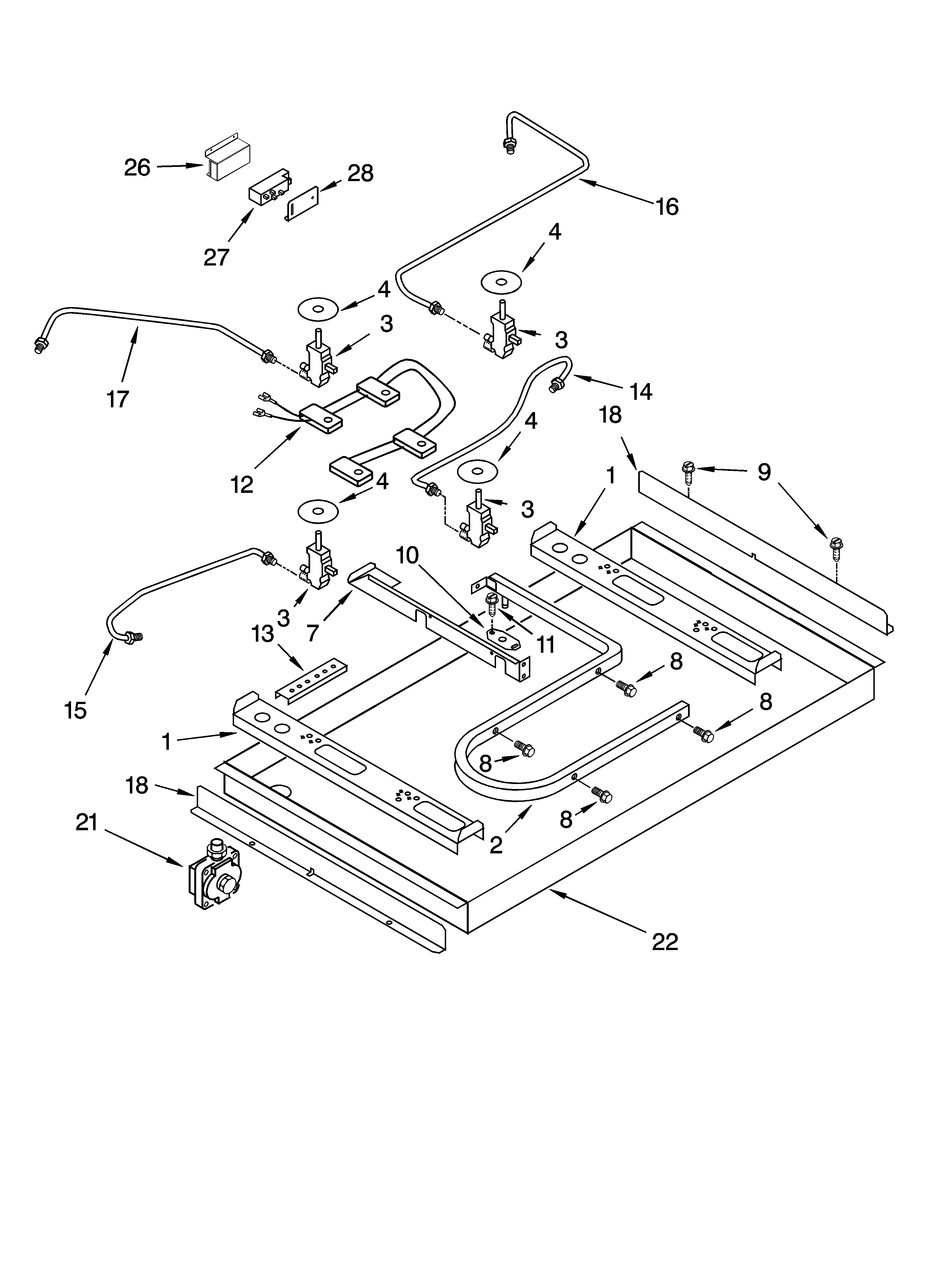 Burner box, gas valves, and switches, optional parts