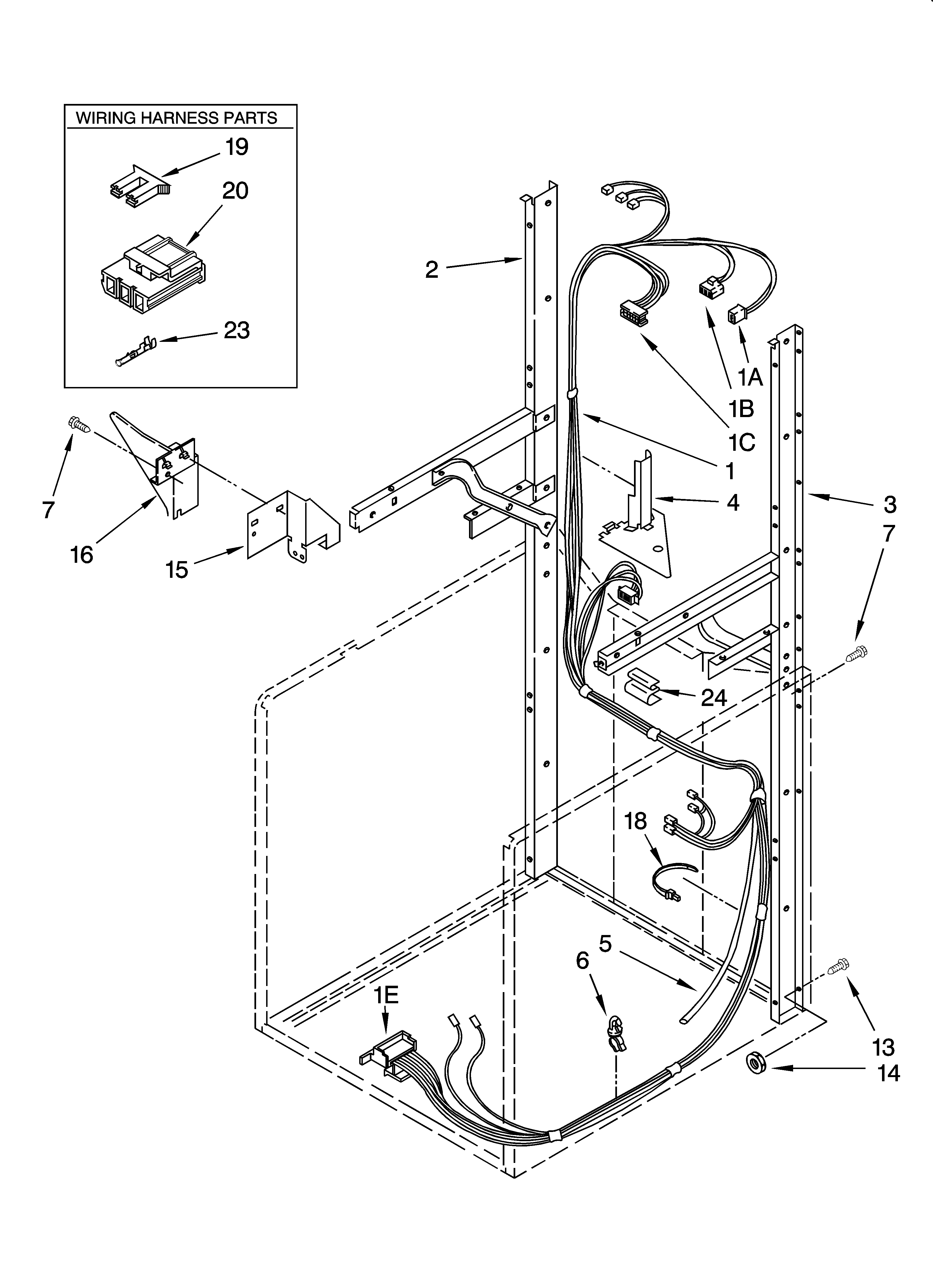 Dryer support and washer harness parts