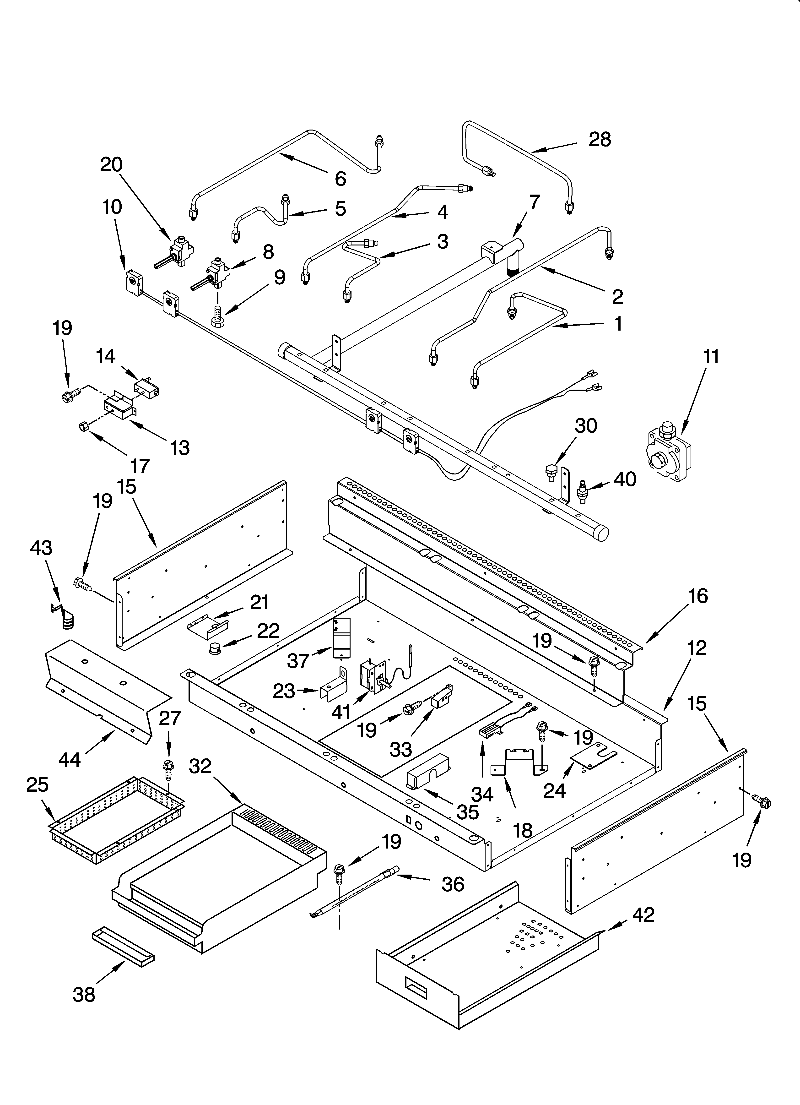 Burner box, gas valves, and switches, optional parts (