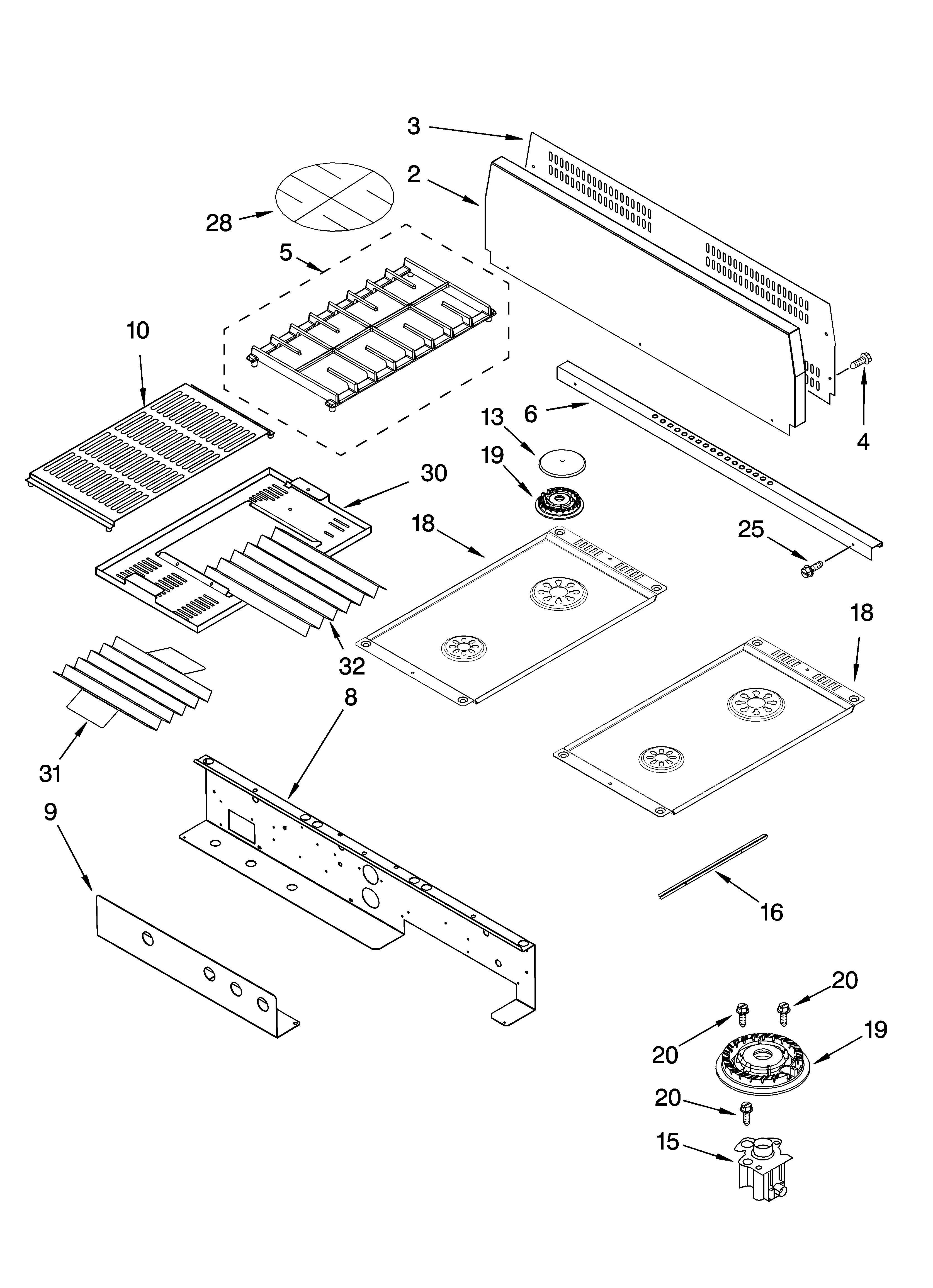 Cooktop, burner and grate parts