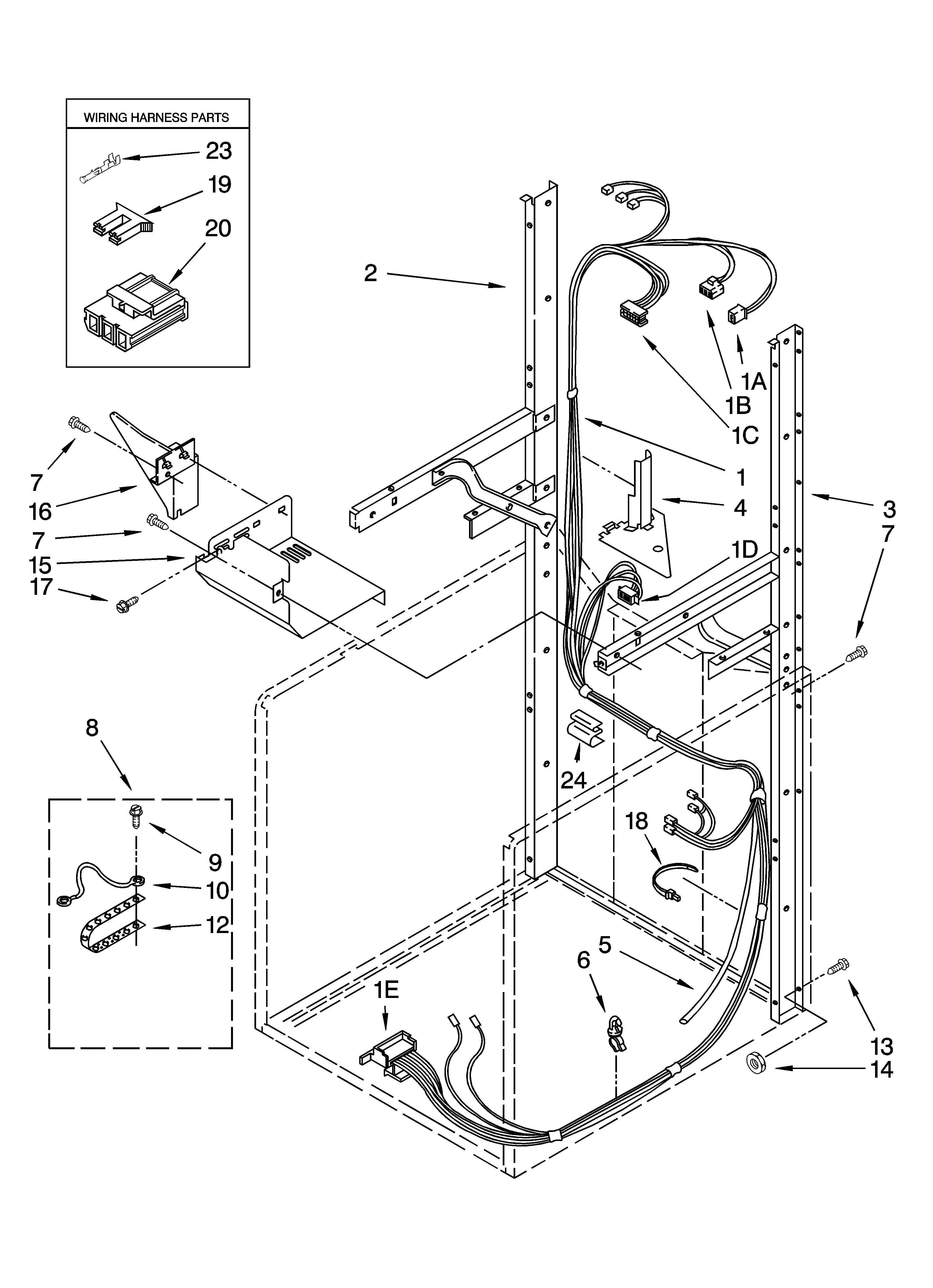 Dryer support and washer harness parts