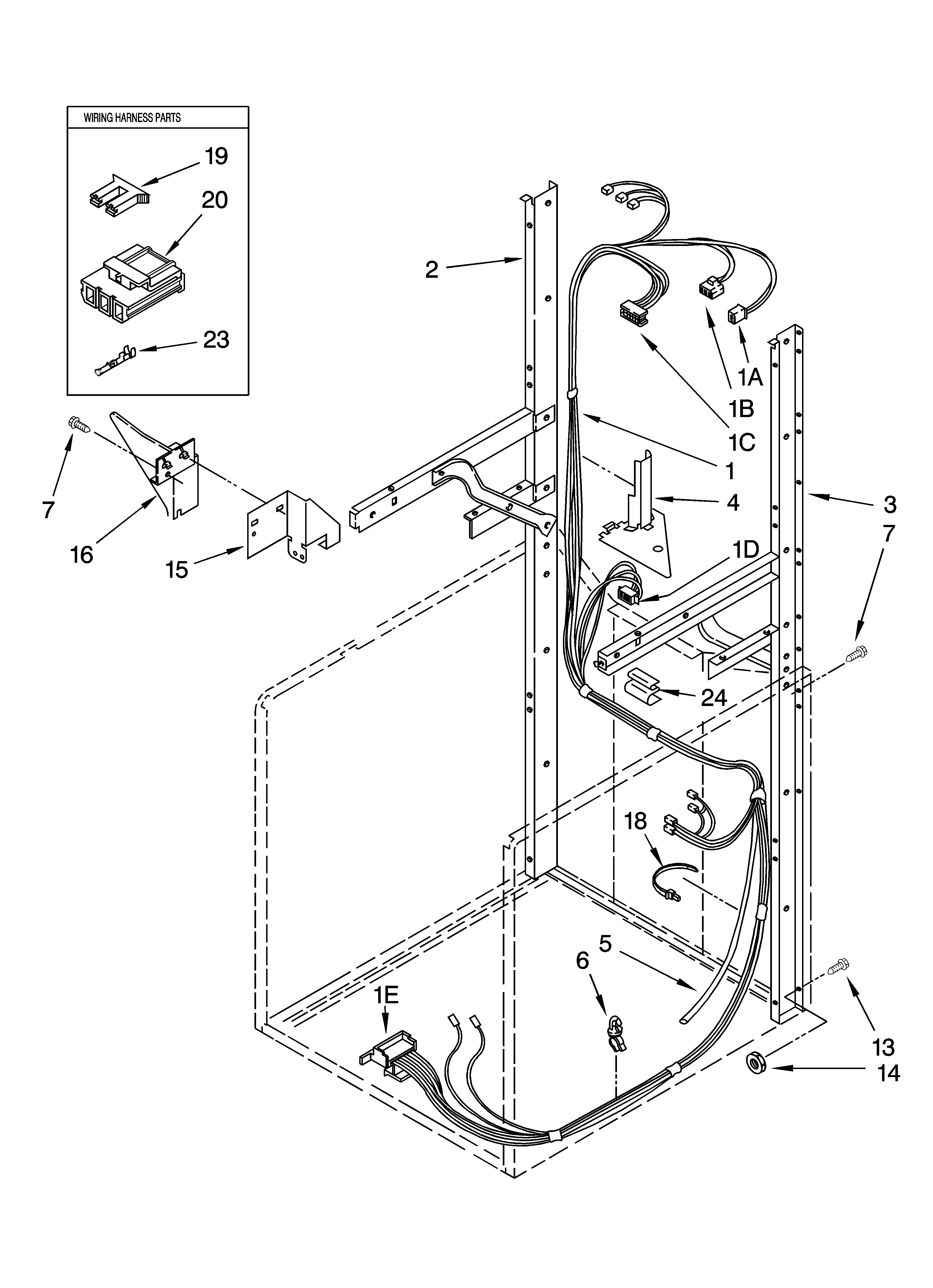 Dryer support and washer harness parts