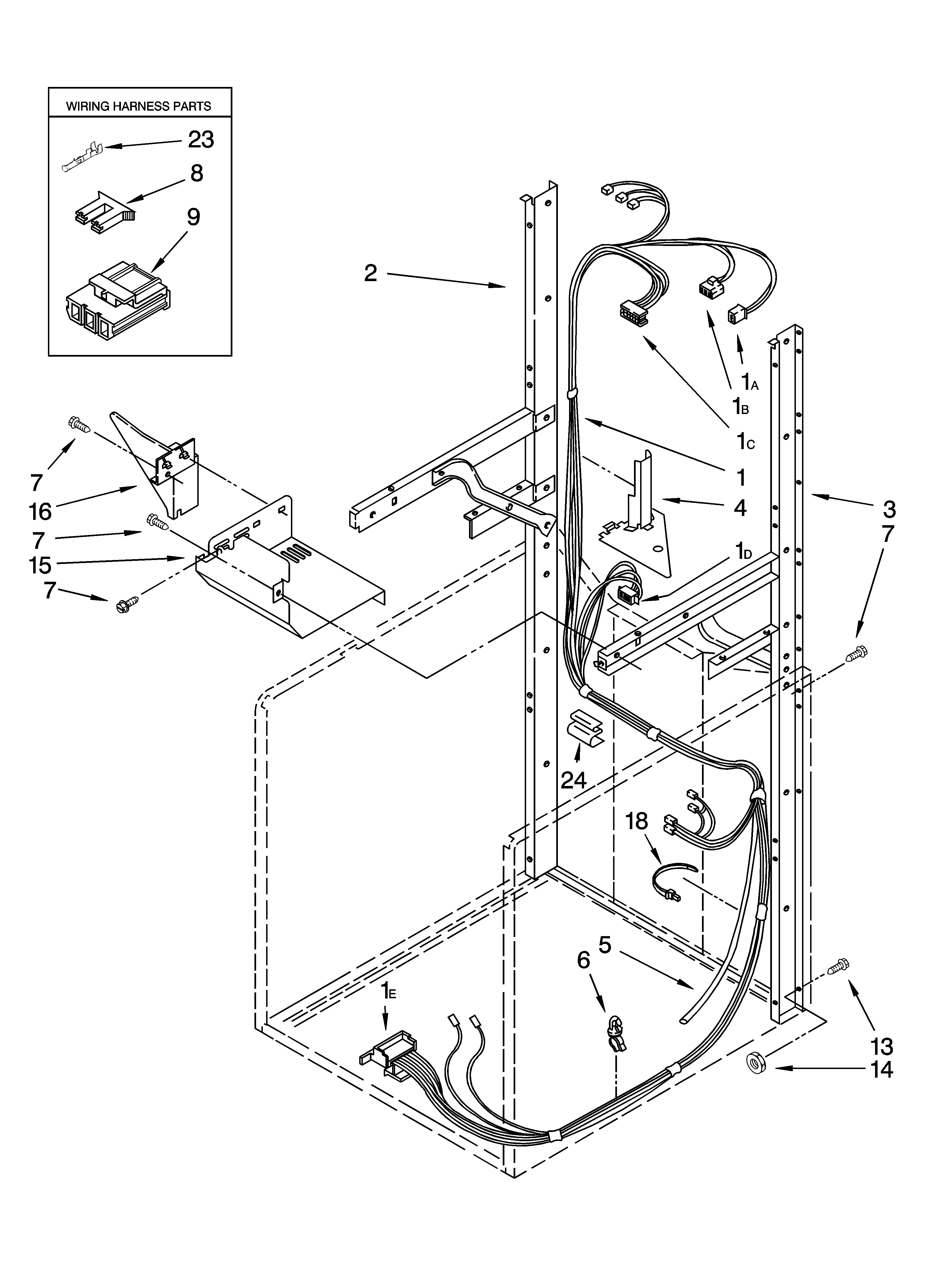 Dryer support and washer harness parts