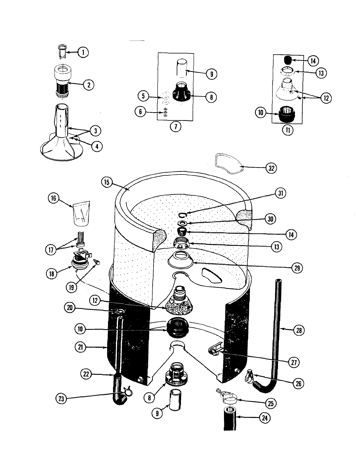 Inner/outer tub,agitator & wtr levl swth