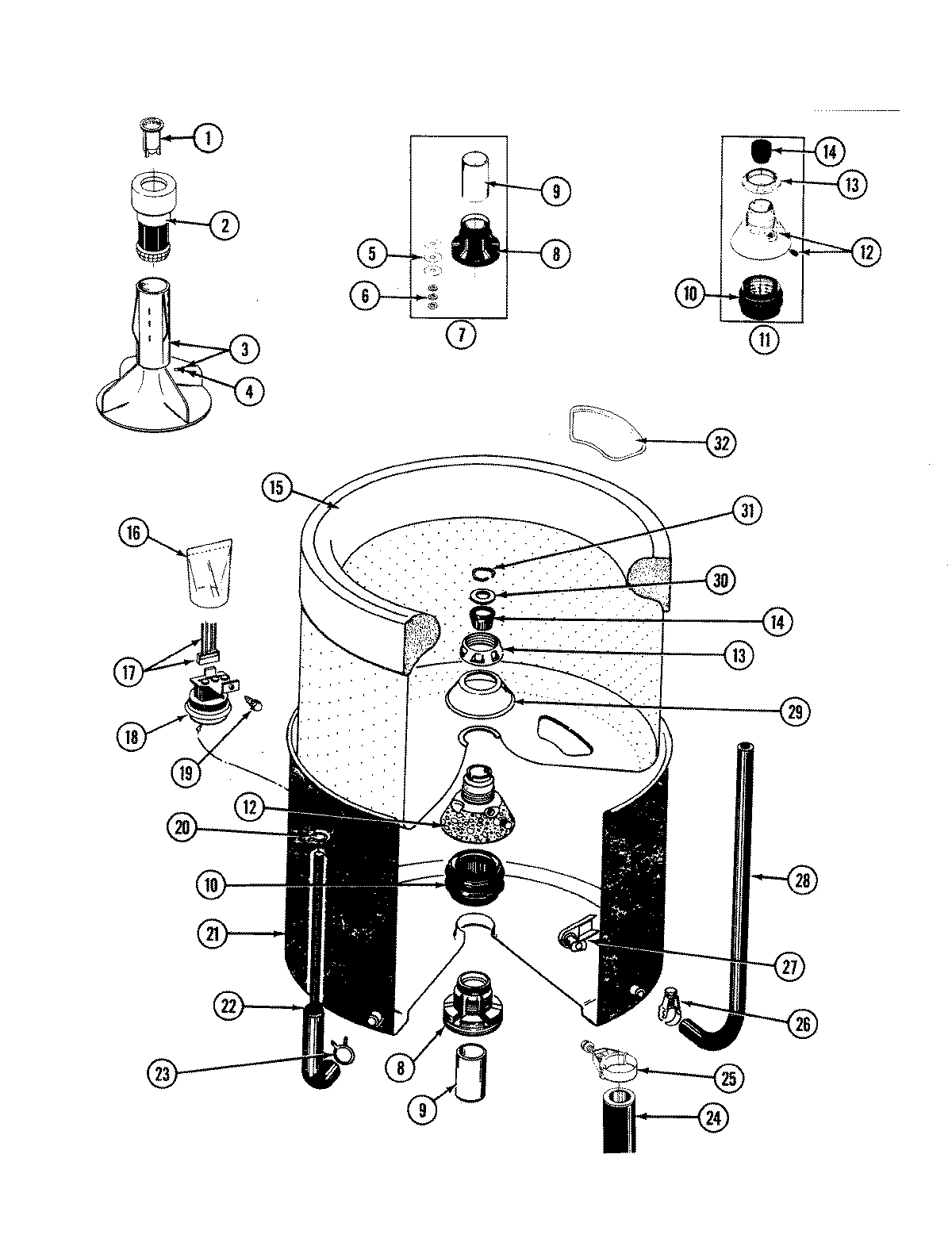 Inner/outer tub,agitator & wtr levl swth