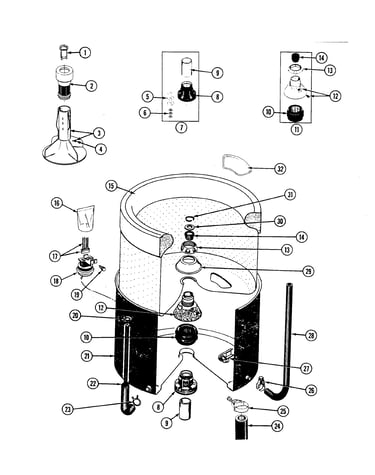 Inner/outer tub,agitator & wtr levl swth