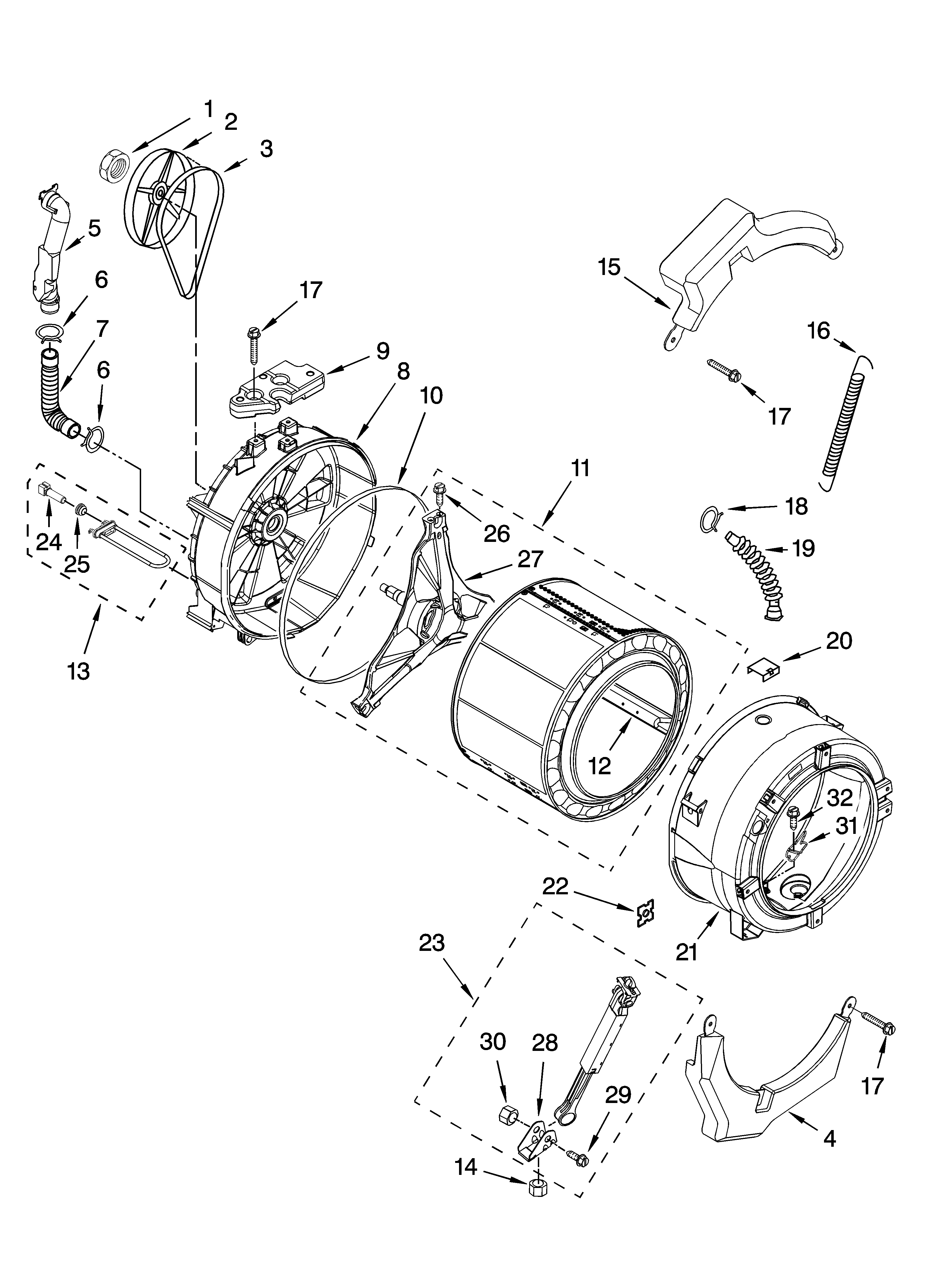 Tub and basket parts, optional parts (not included)