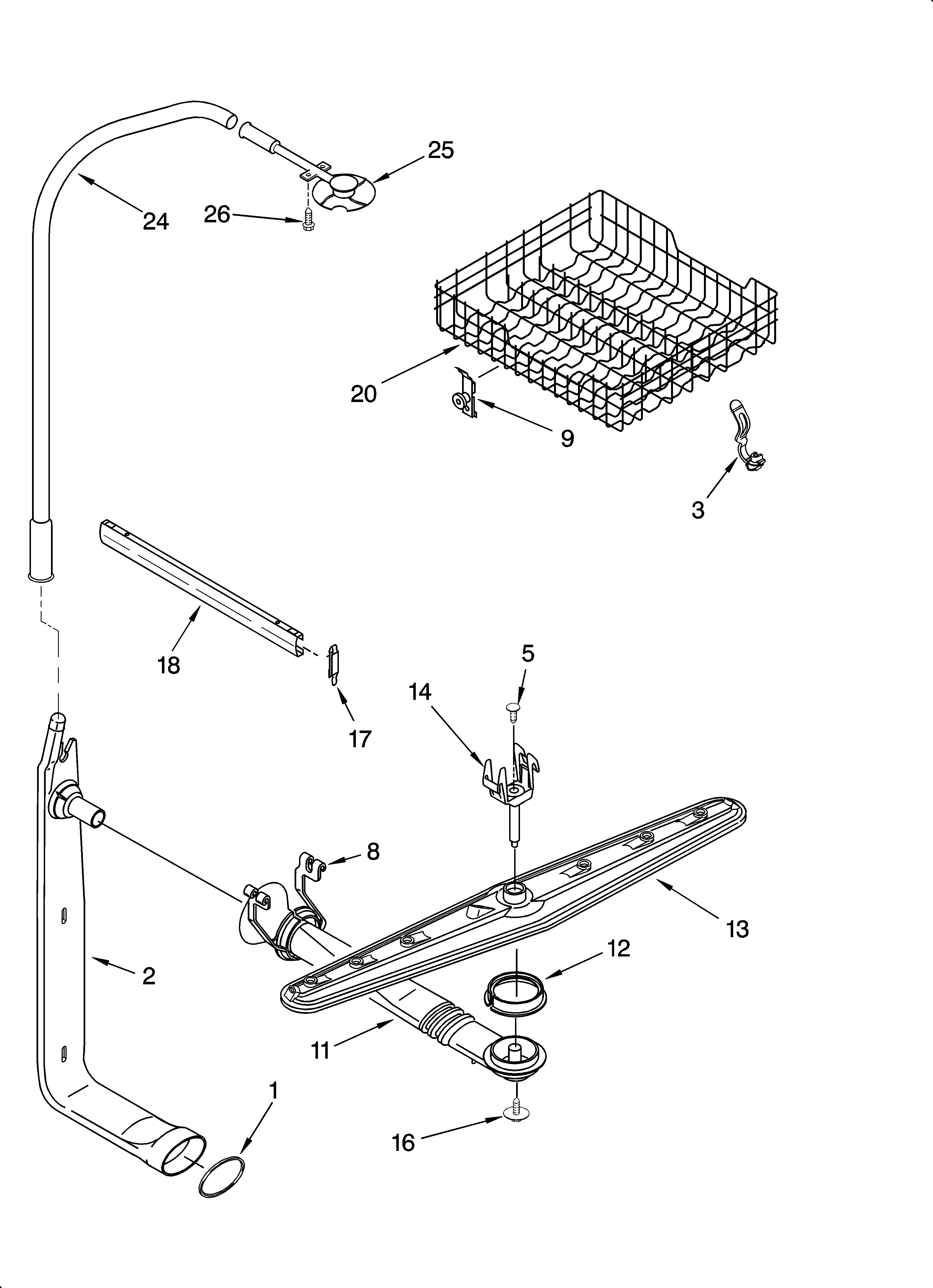 Upper dishrack and water feed parts