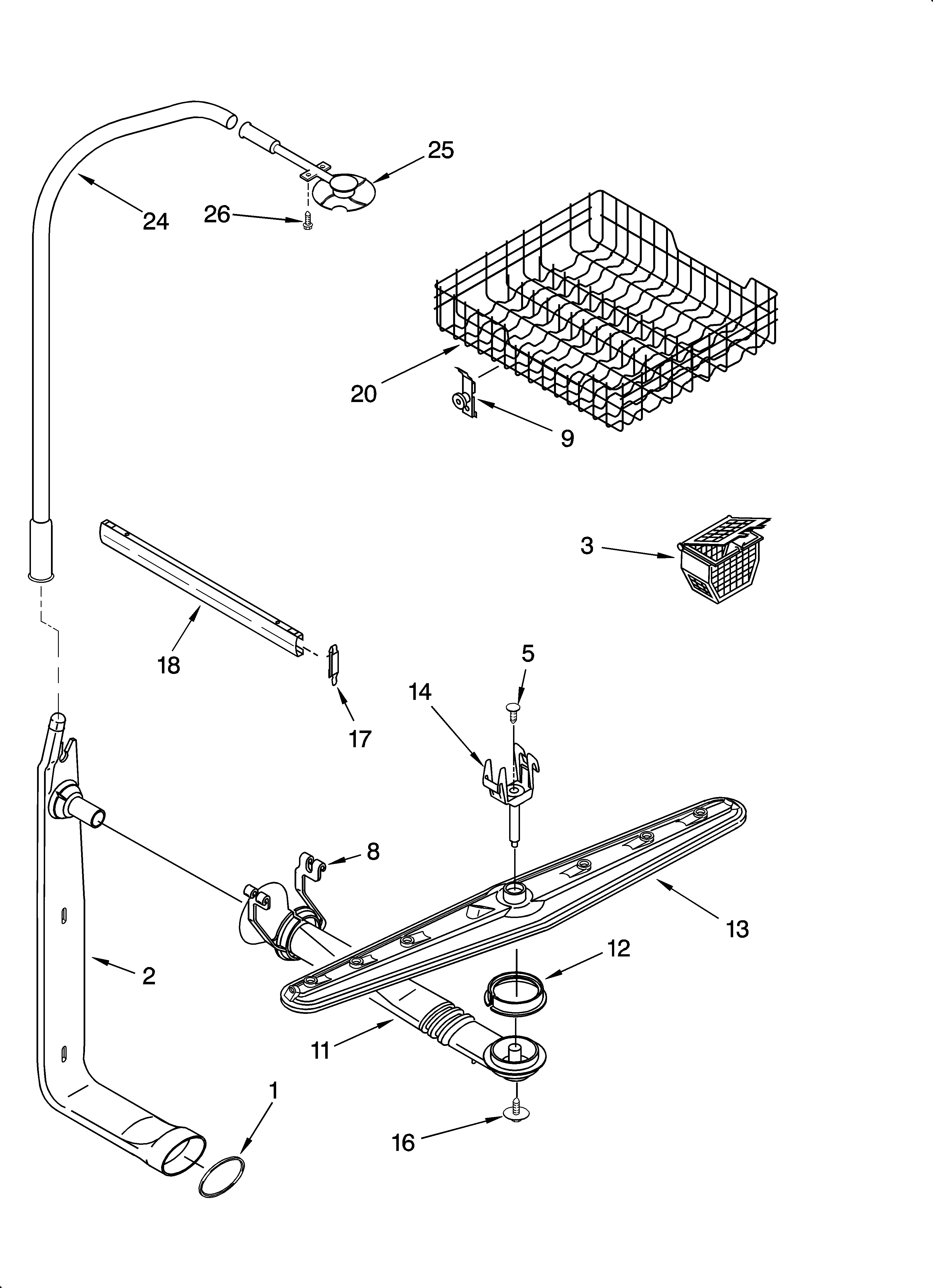 Upper dishrack and water feed parts