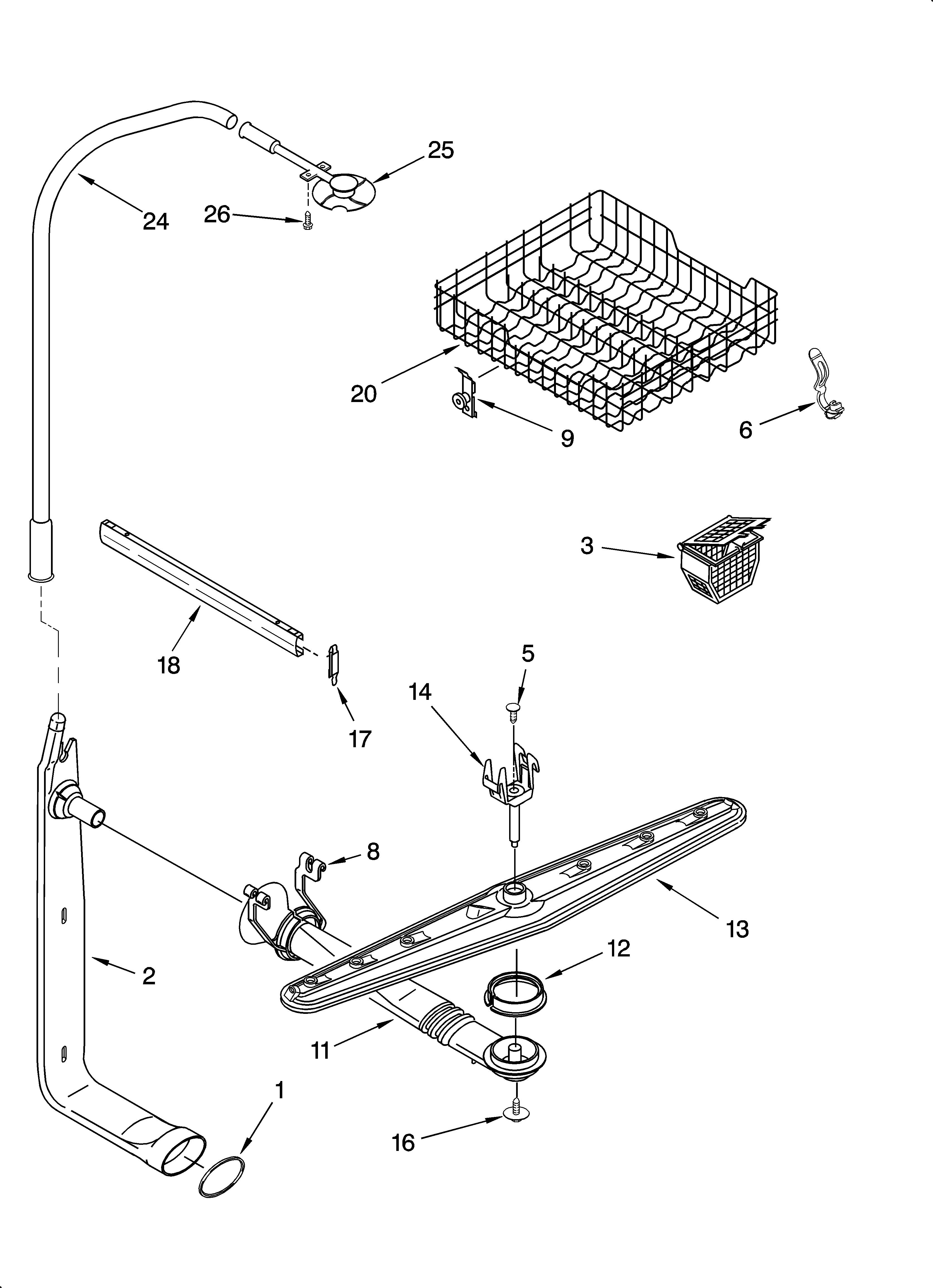 Upper dishrack and water feed parts