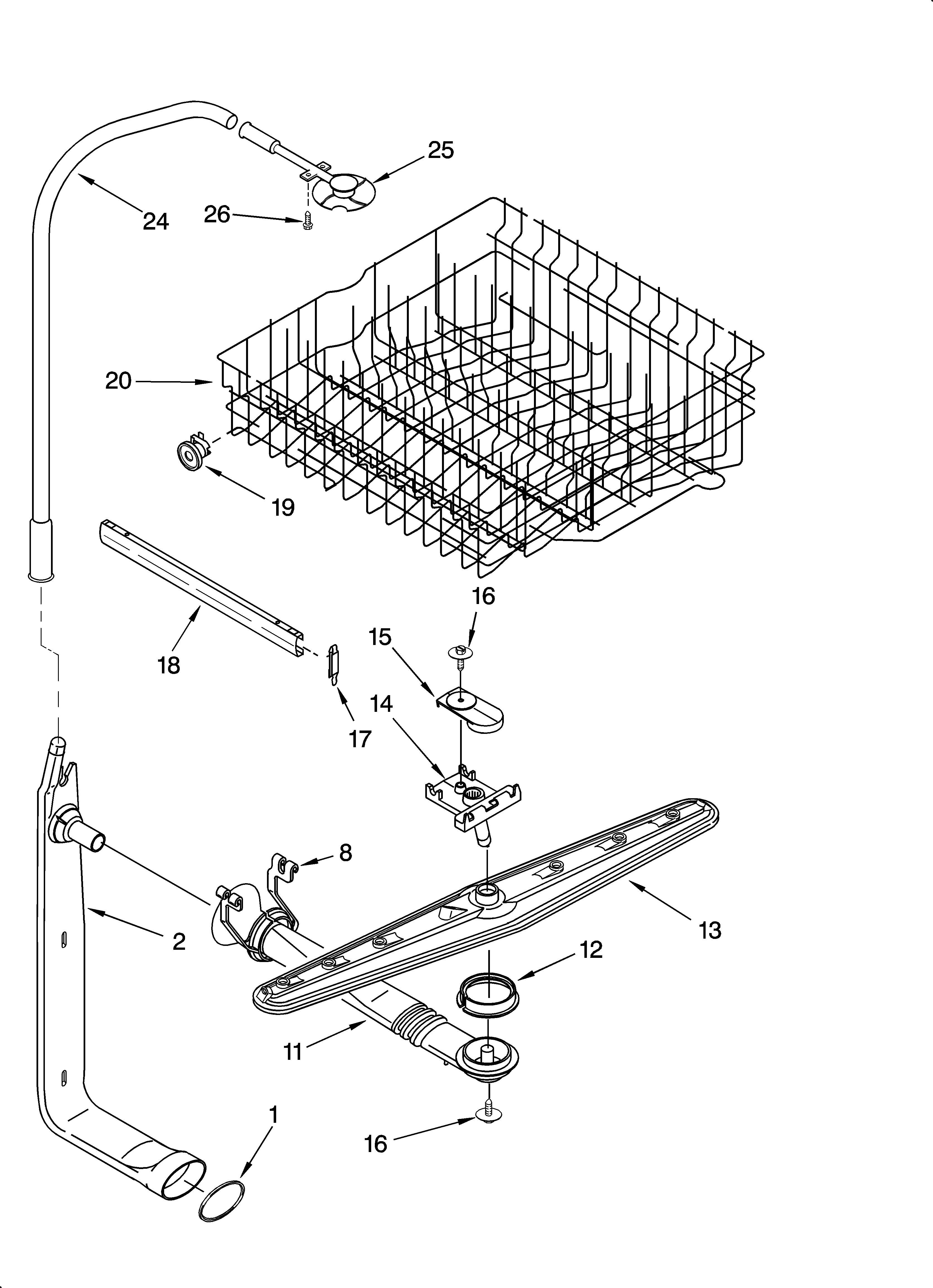 Upper dishrack and water feed parts