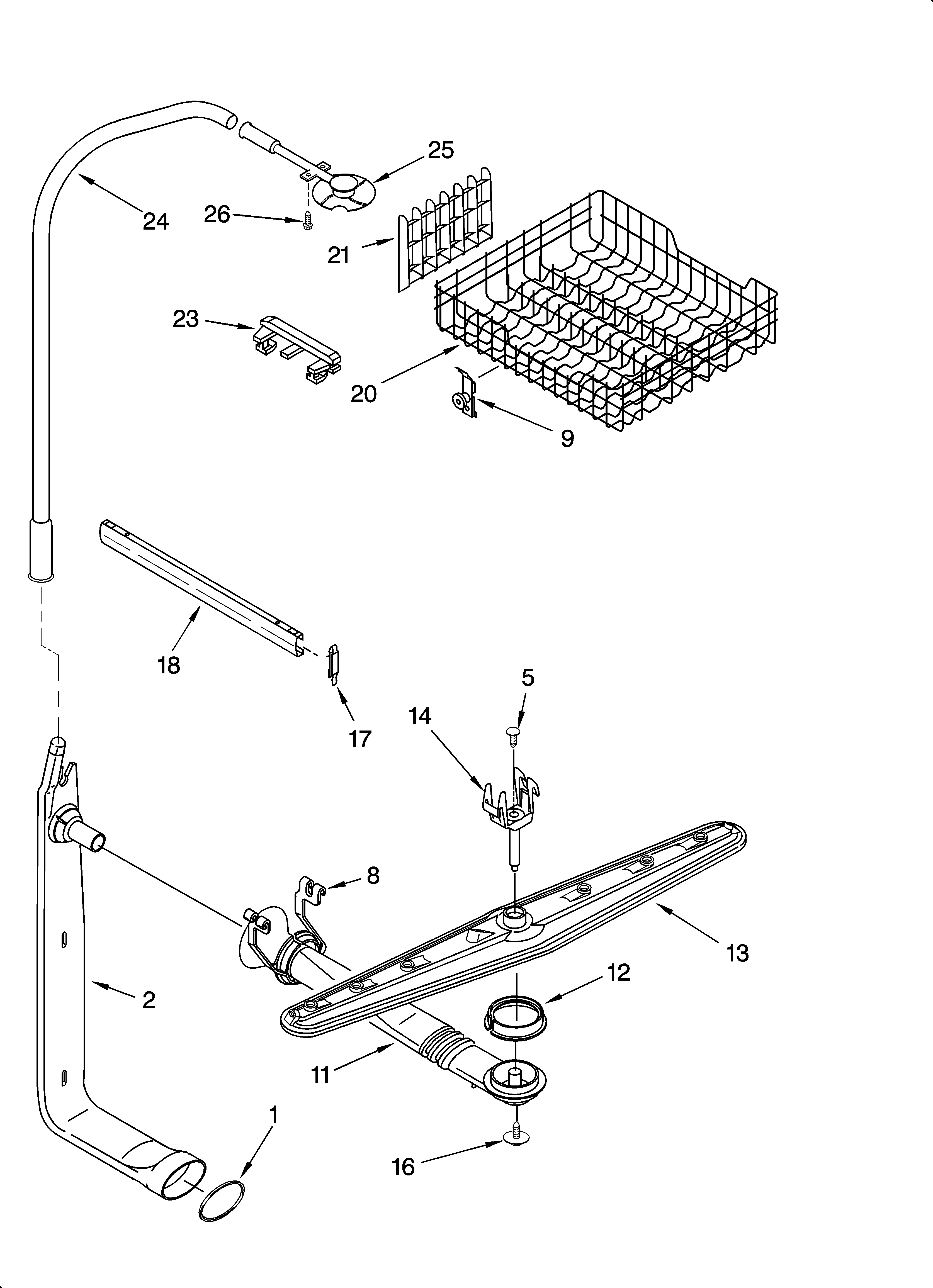 Upper dishrack and water feed parts