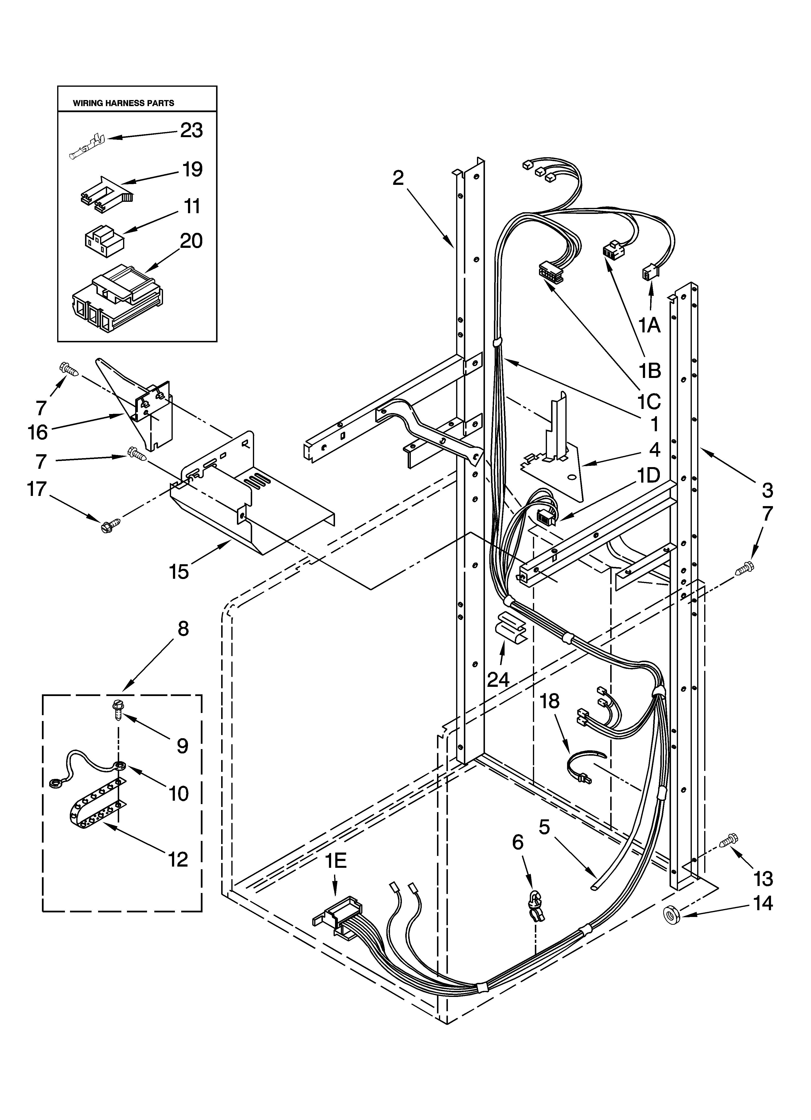 Dryer support and washer harness parts