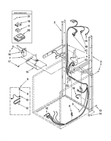 Dryer support and washer harness parts