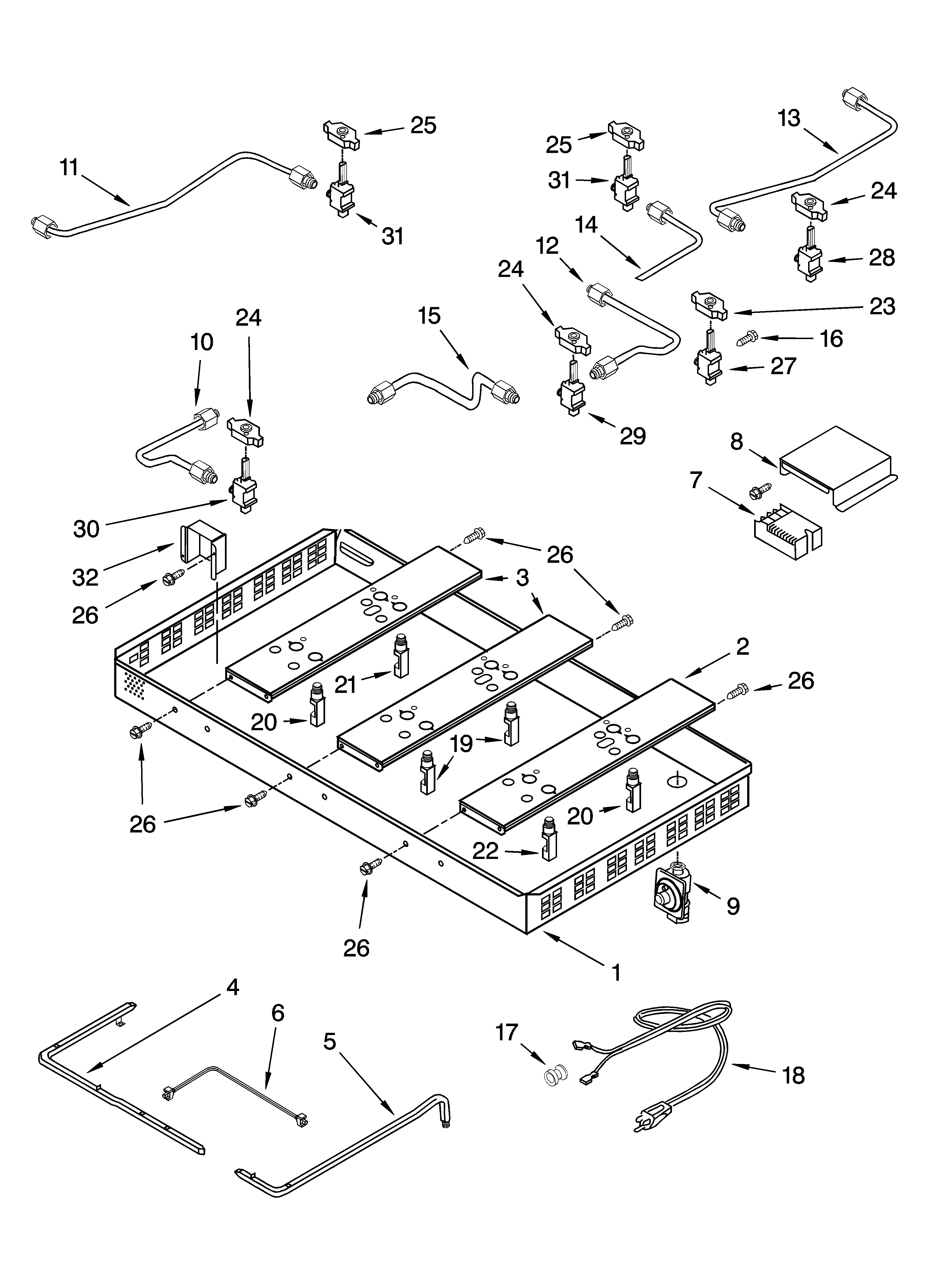 Burner box, gas valves, and switches, optional parts (