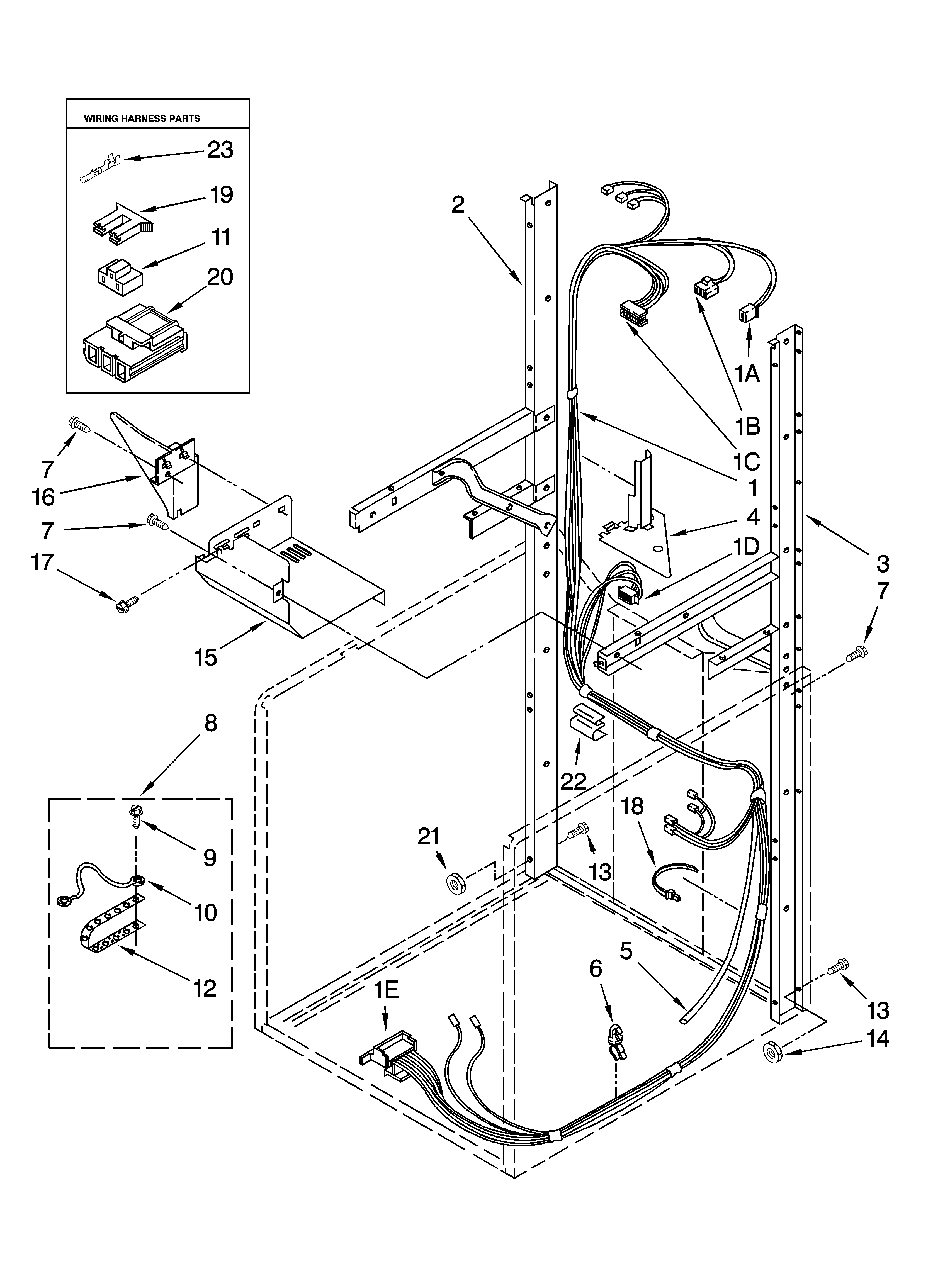 Dryer support and washer harness parts