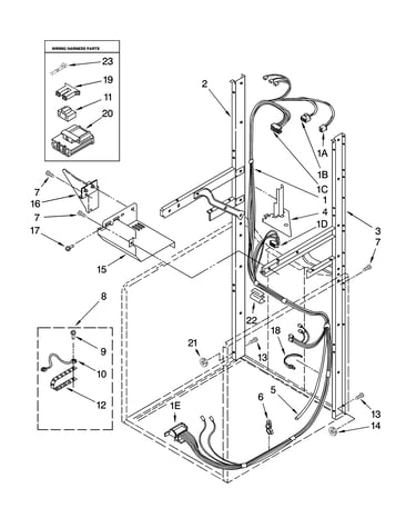 Dryer support and washer harness parts