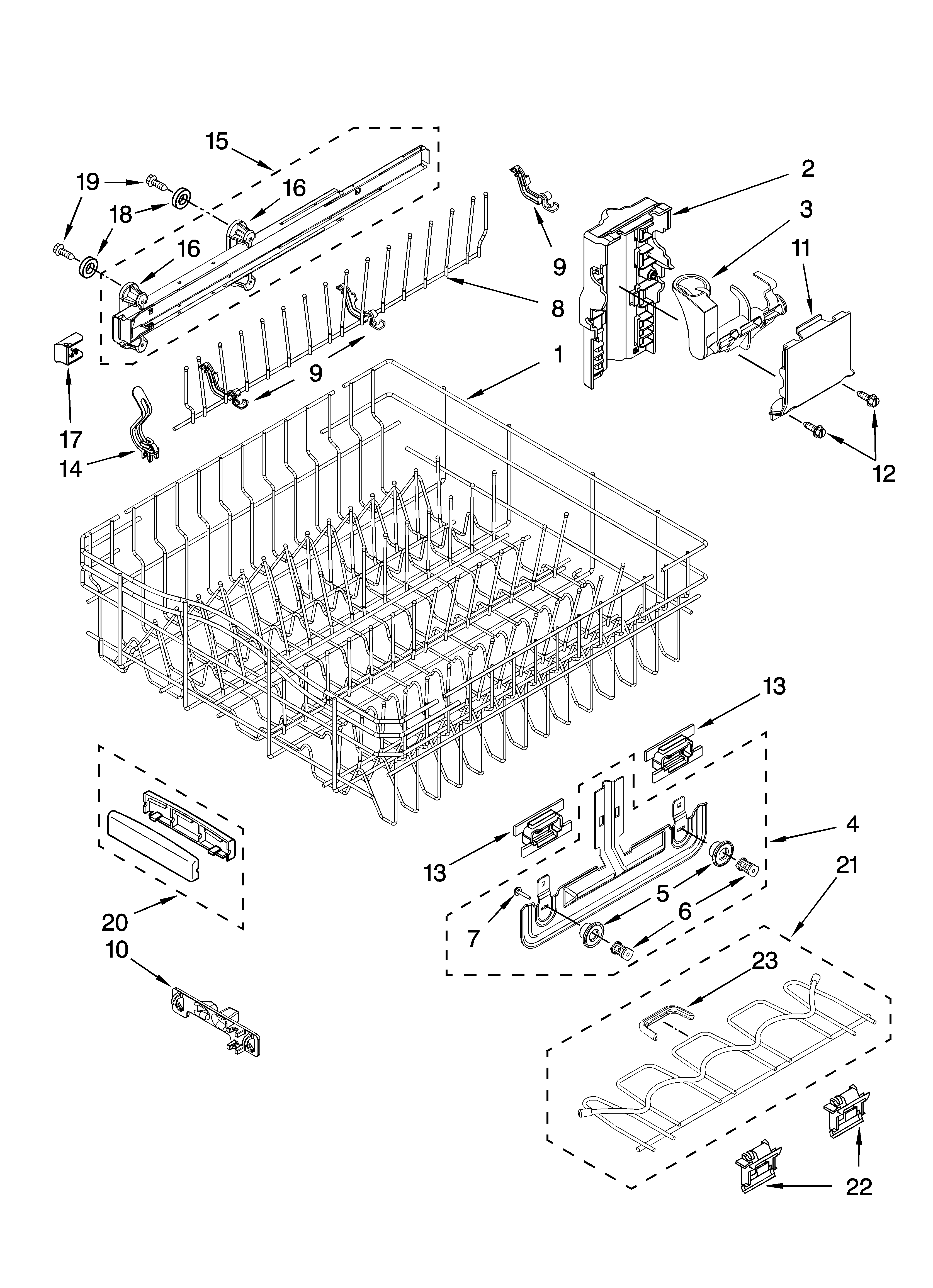 Upper rack and track parts