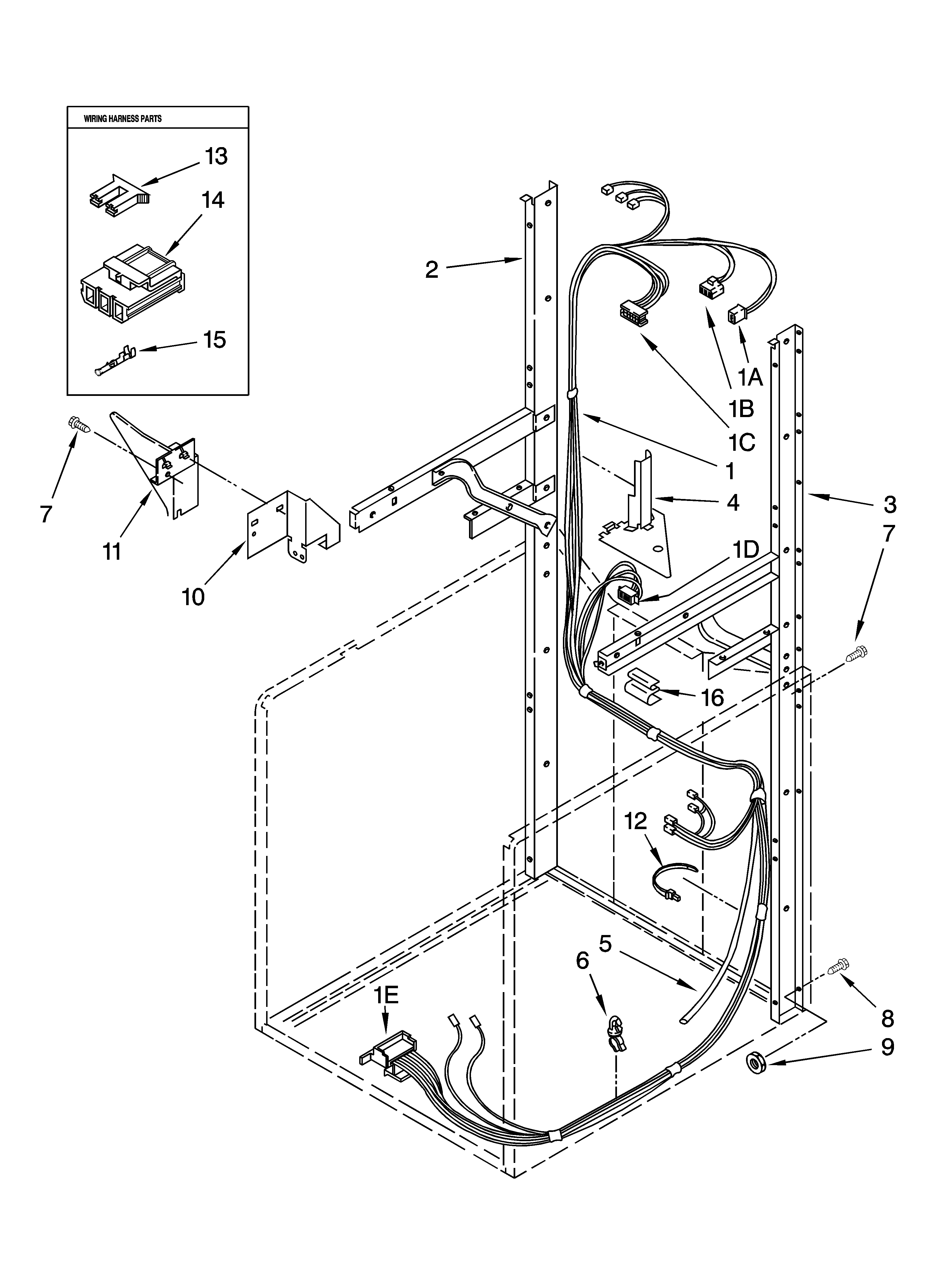 Dryer support and washer harness parts