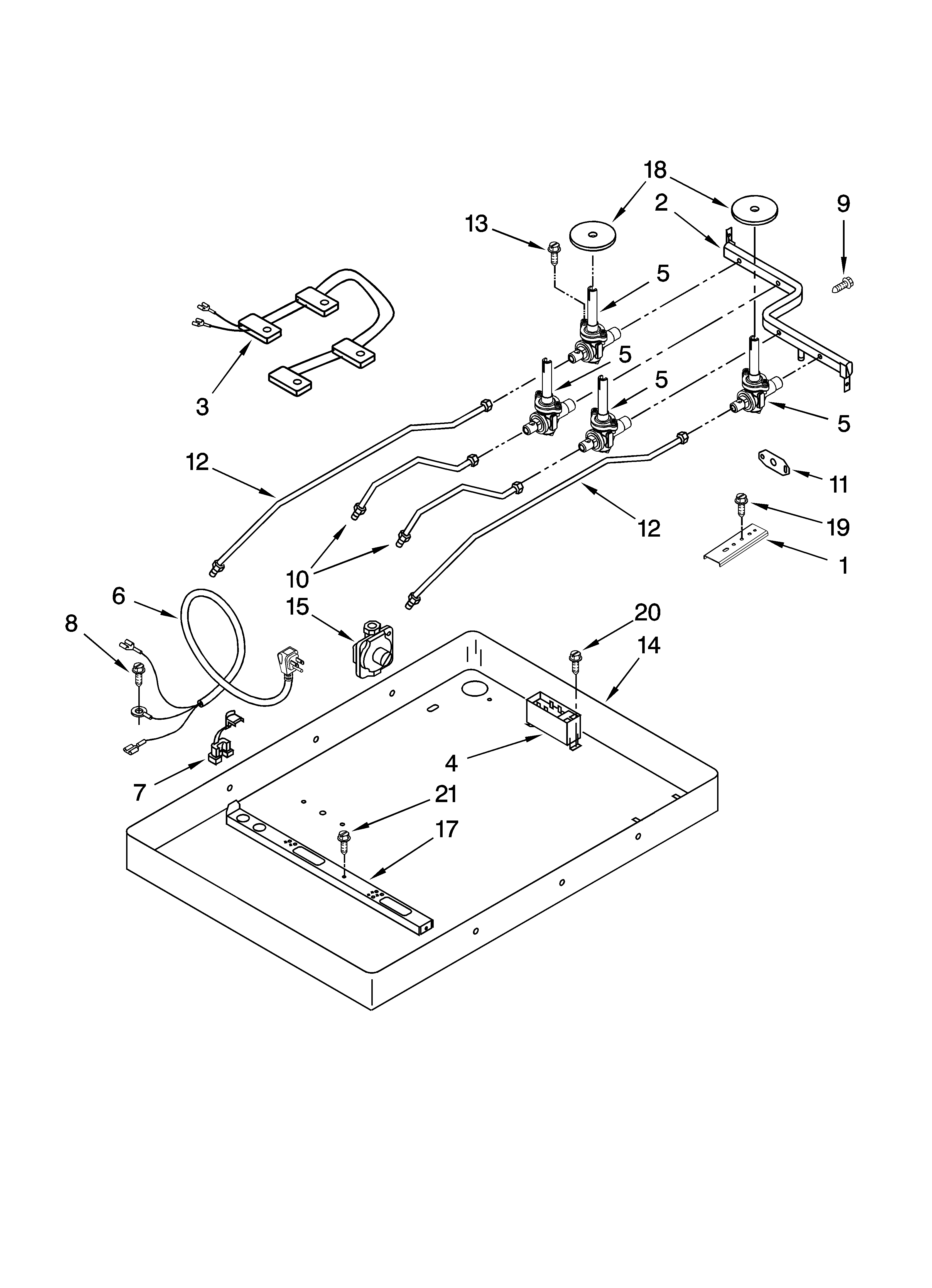 Burner box, gas valves, and switches
