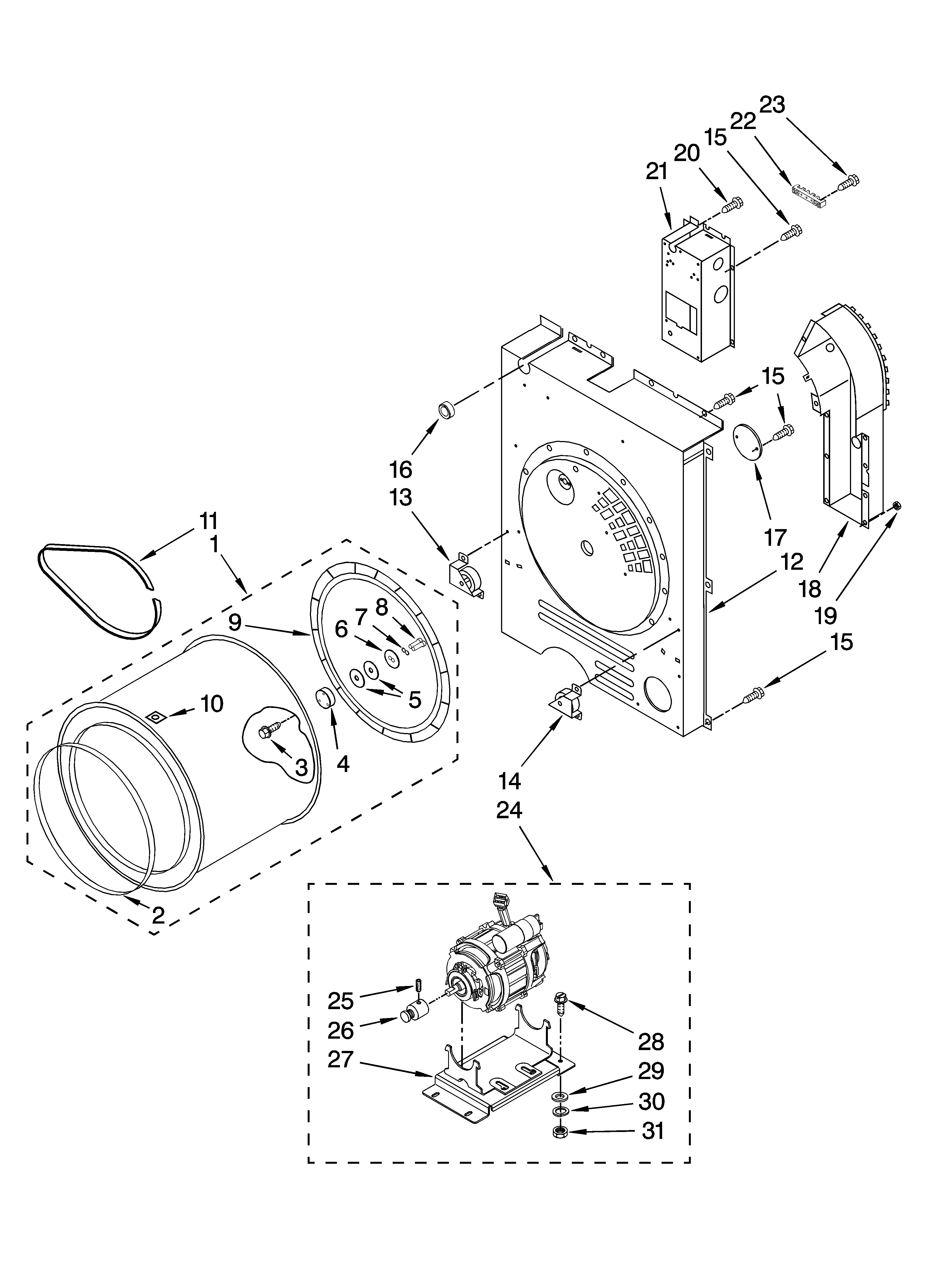 Drum, rear bulkhead and motor parts