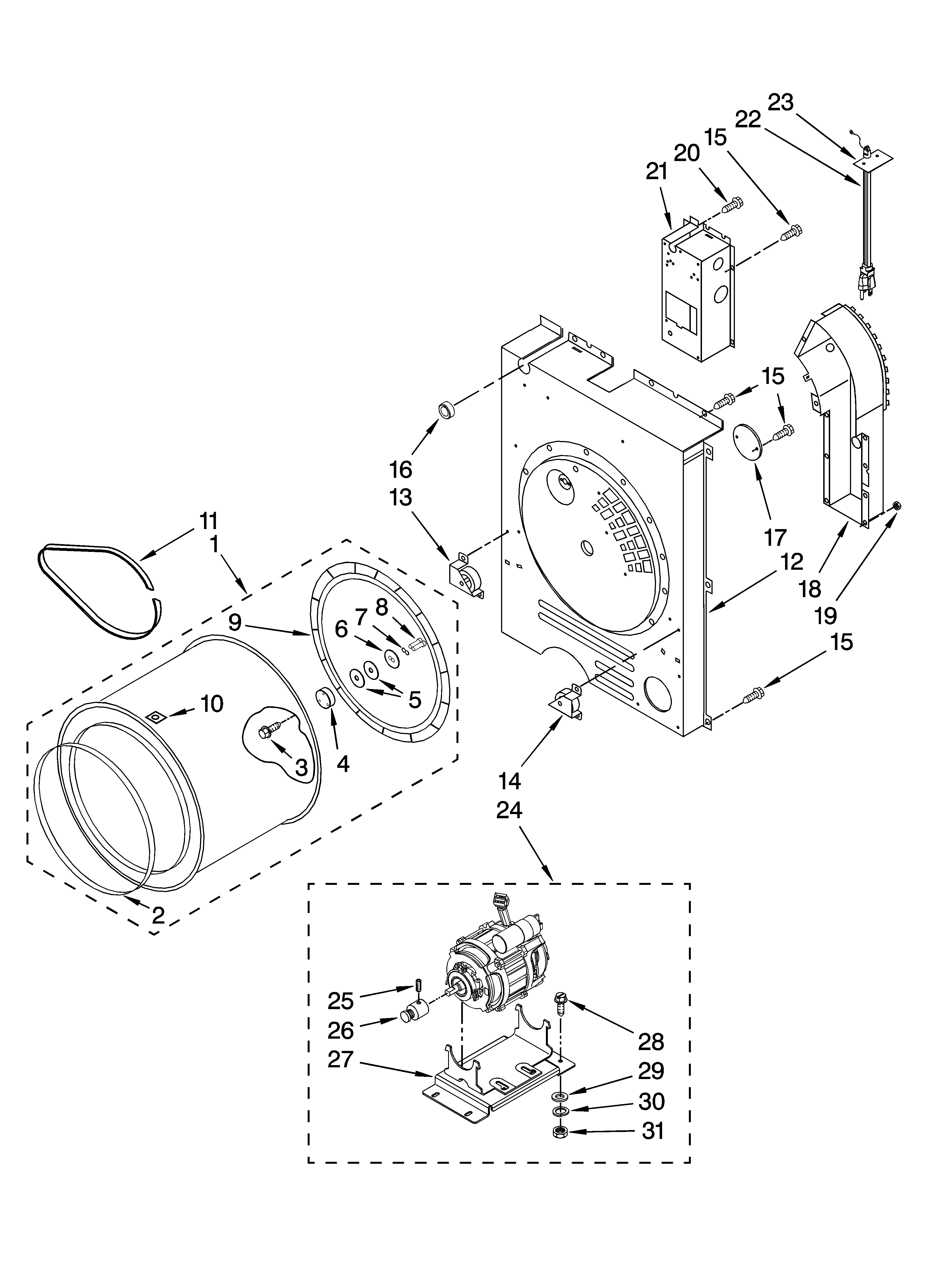Drum, rear bulkhead and motor parts