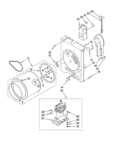 Drum, rear bulkhead and motor parts