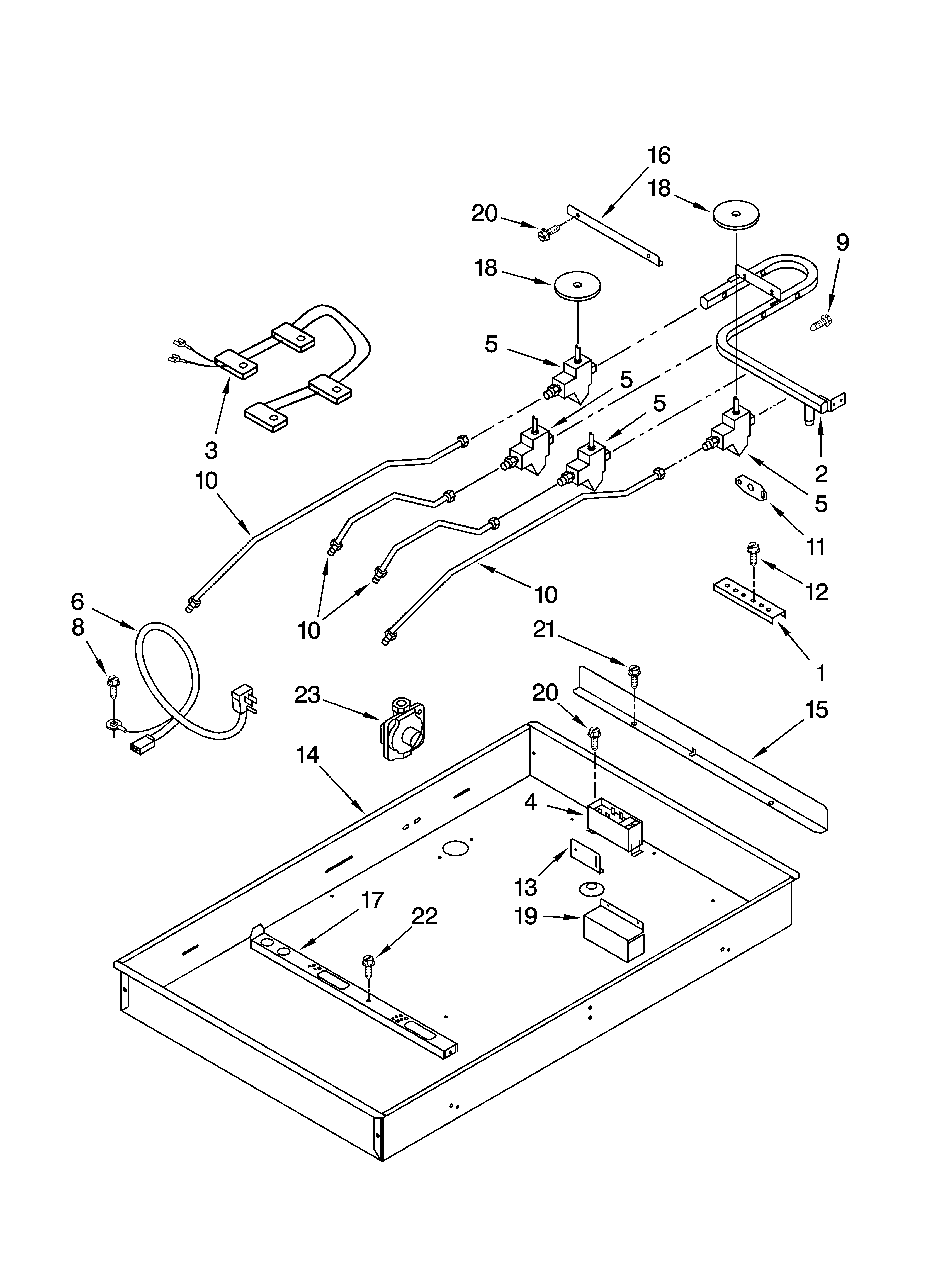 Burner box, gas valves, and switches