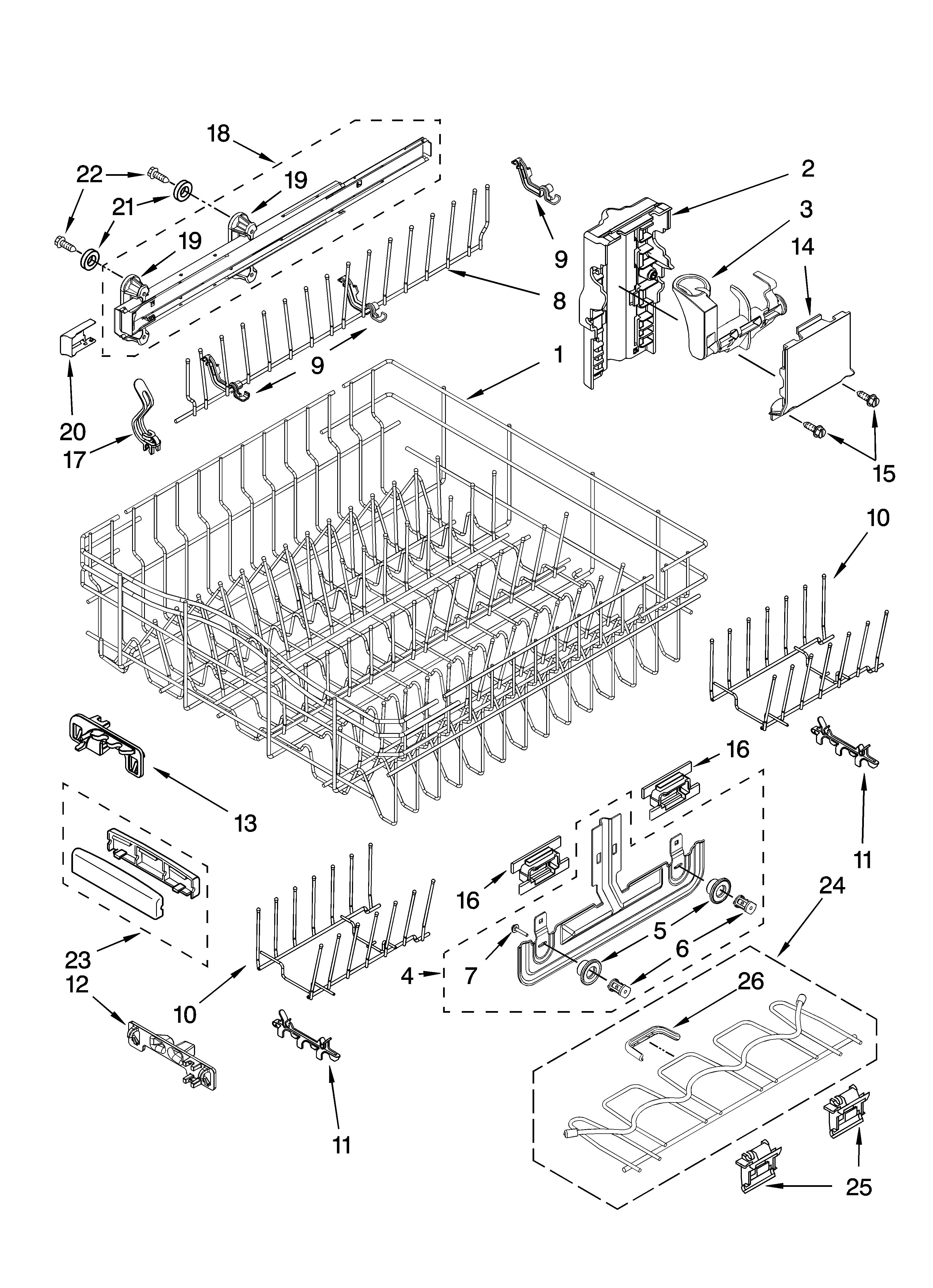 Upper rack and track parts