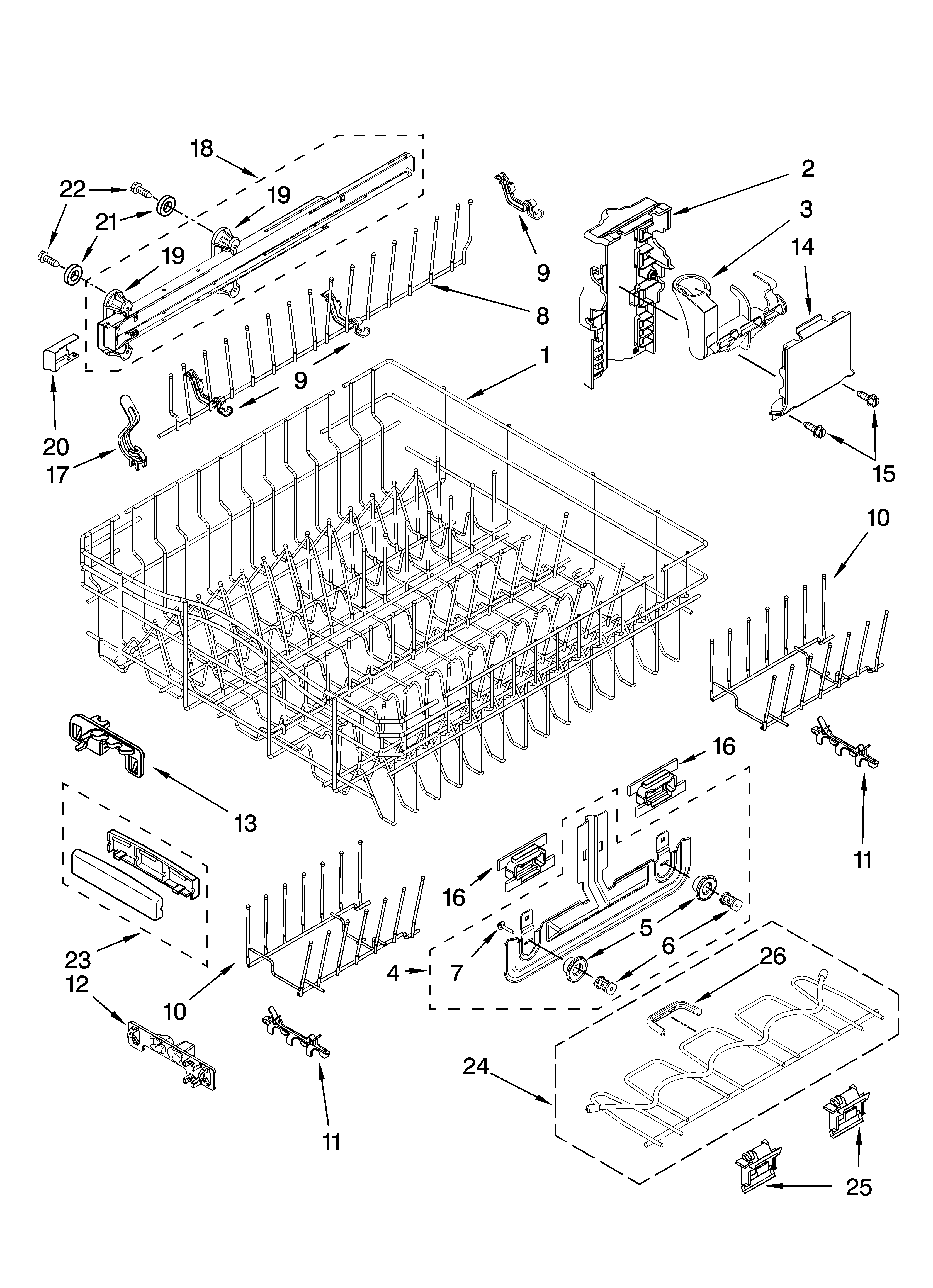 Upper rack and track parts