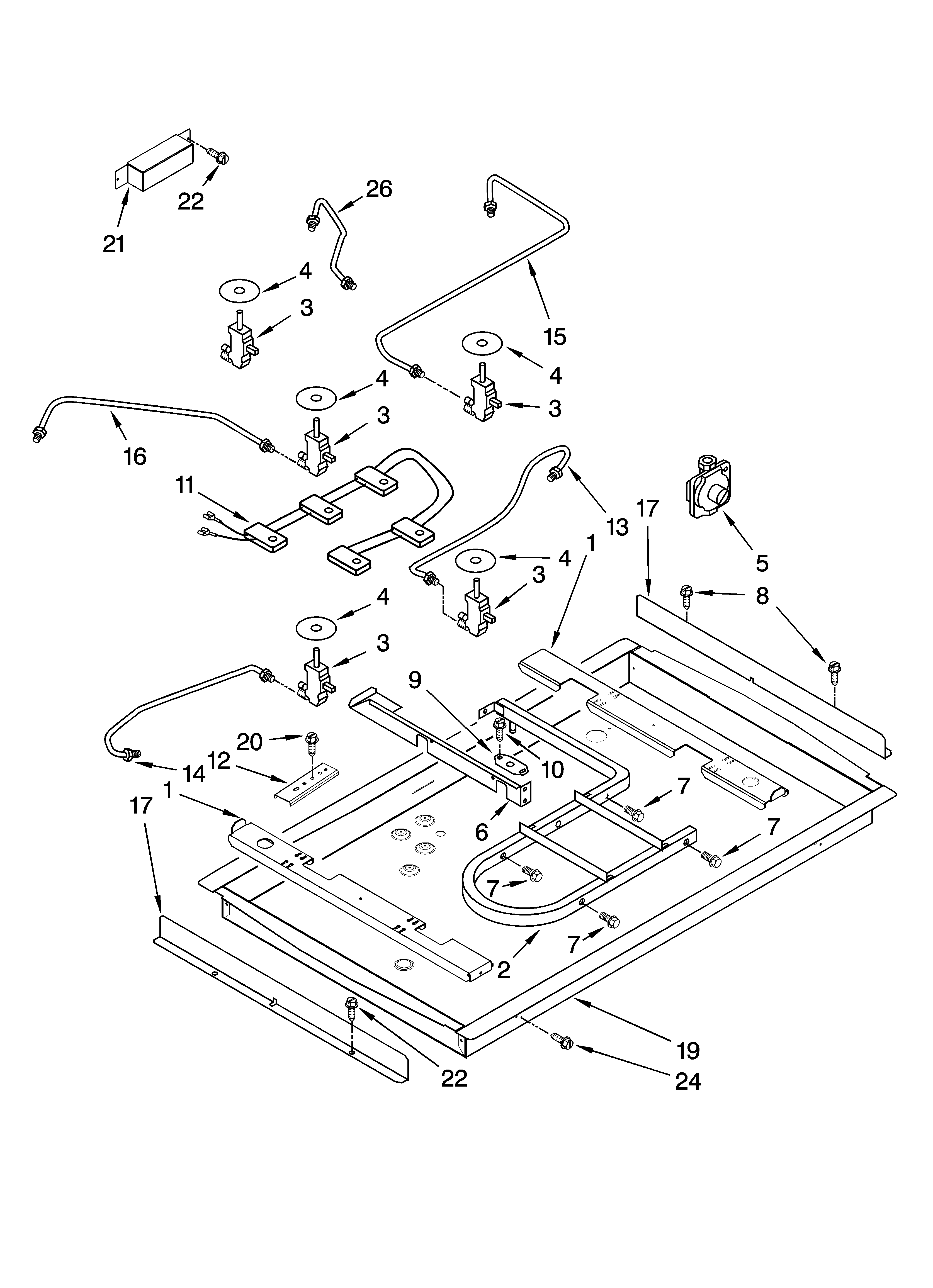 Burner box, gas valves, and switches, optional parts