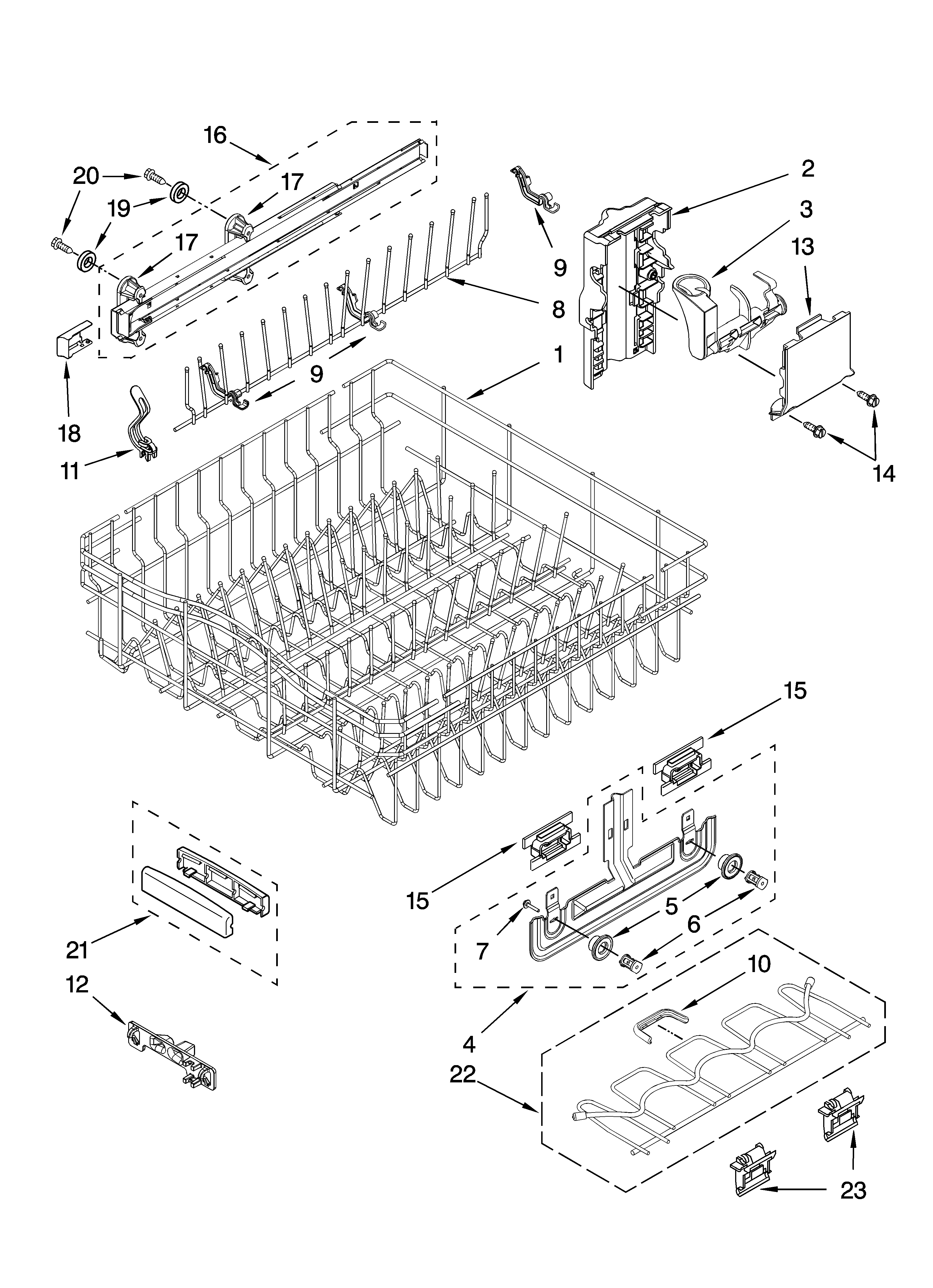 Upper rack and track parts