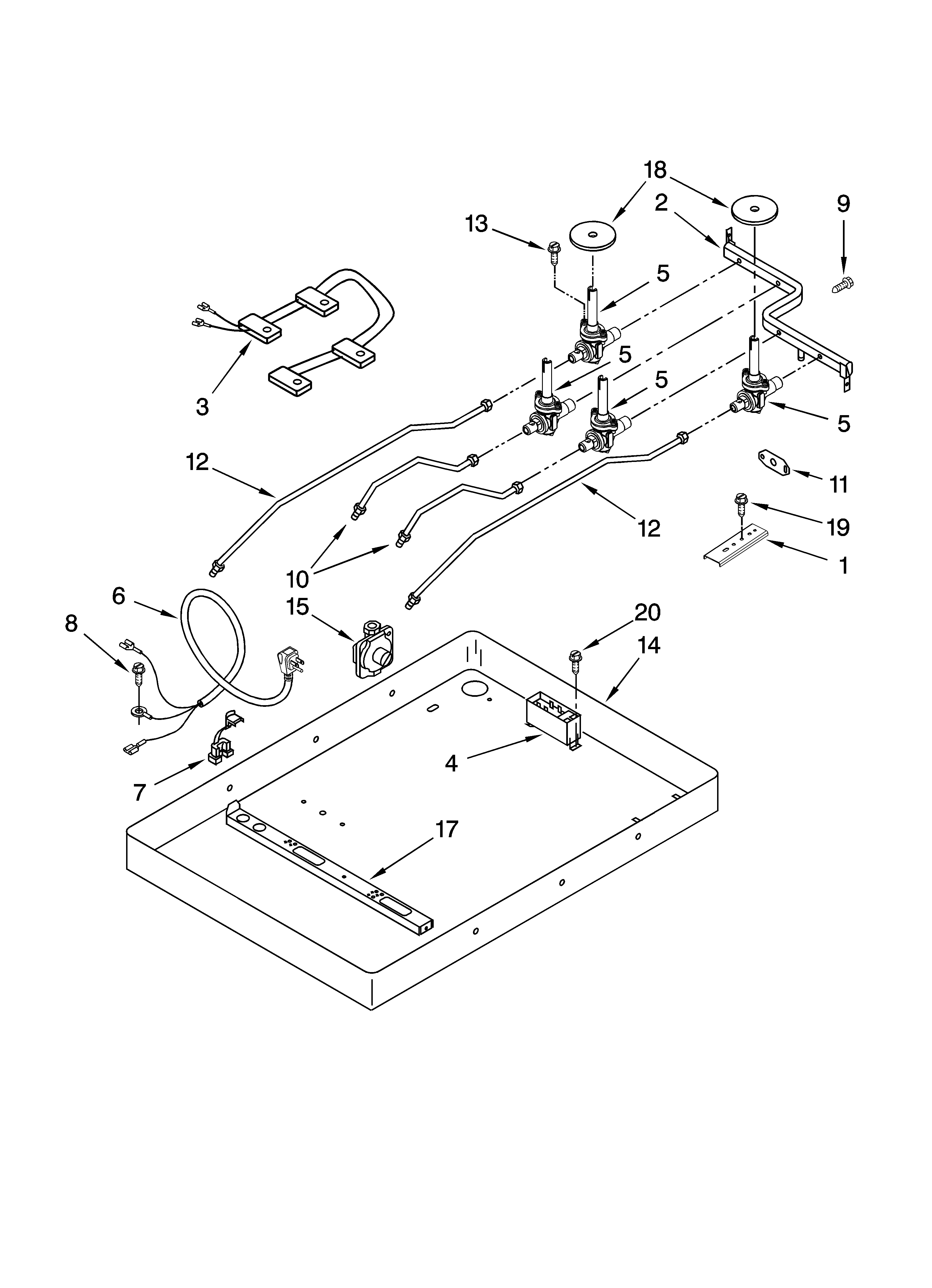 Burner box, gas valves, and switches